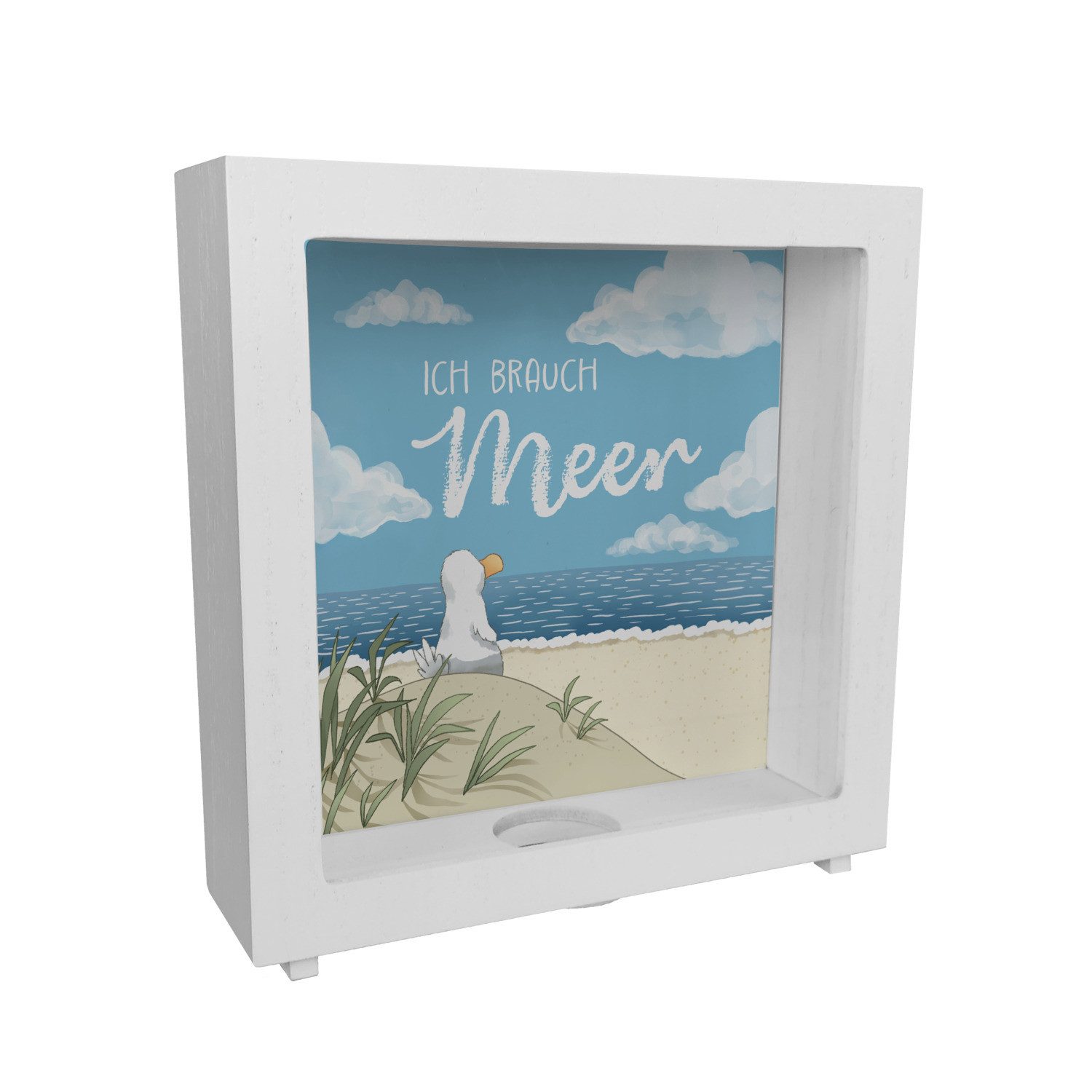 Spardose Möwe am Strand Rahmen Spardose aus Holz mit Spruch Ich brauch Meer
