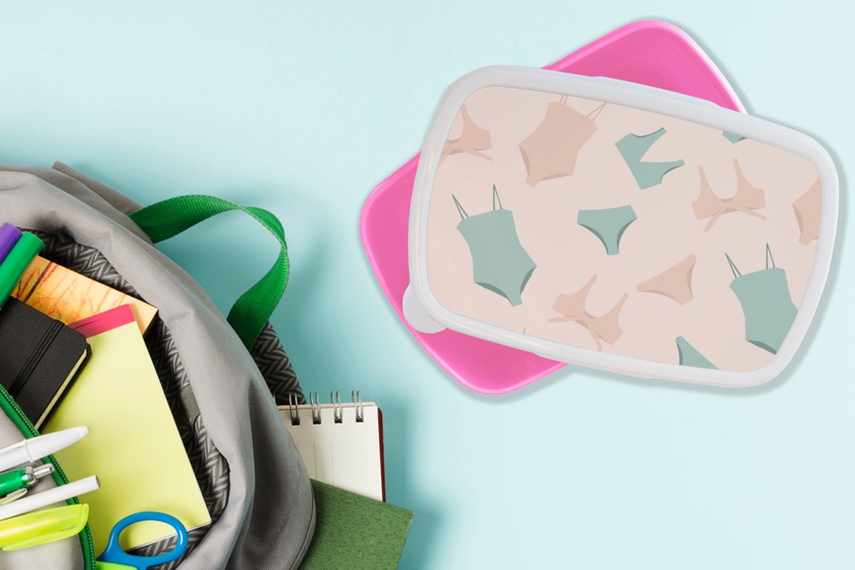 Lunchbox Brotdose Kinder, Kunststoff Snackbox, MuchoWow Brotbox Pastell, für - - Sommer Mädchen, Erwachsene, Kunststoff, rosa Bademode (2-tlg),