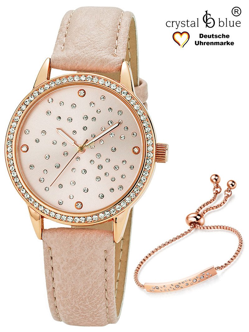 CRYSTAL BLUE Quarzuhr Set Armbanduhr Damen mit Zirkonia und Armband rosegold kostenlose Lieferung mehr
