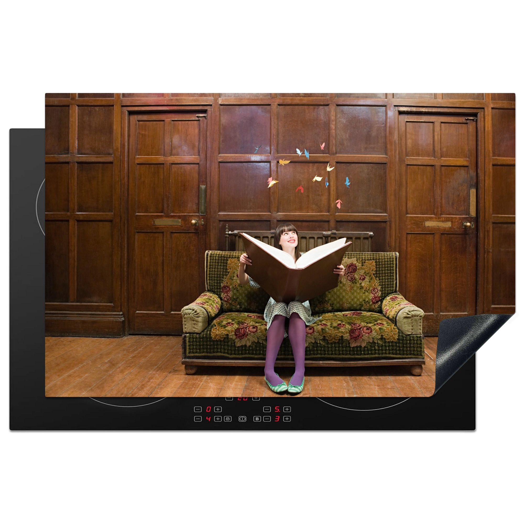 MuchoWow Herdblende-/Abdeckplatte Ein junges Mädchen mit einem dicken Buch, Vinyl, (1 tlg), 81x52 cm, Induktionskochfeld Schutz für die küche, Ceranfeldabdeckung