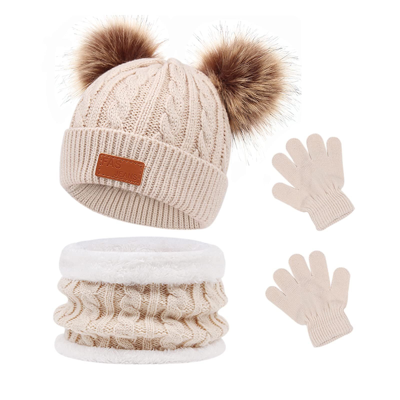 POCHUMIDUU Strickmütze Kinder-Wintermütze-Schal-Handschuh-Set (1-St., mit Fleece Futter und Fell Bobbl) für Kinder-Jungen-Mädchen 1-5 Jahre beige