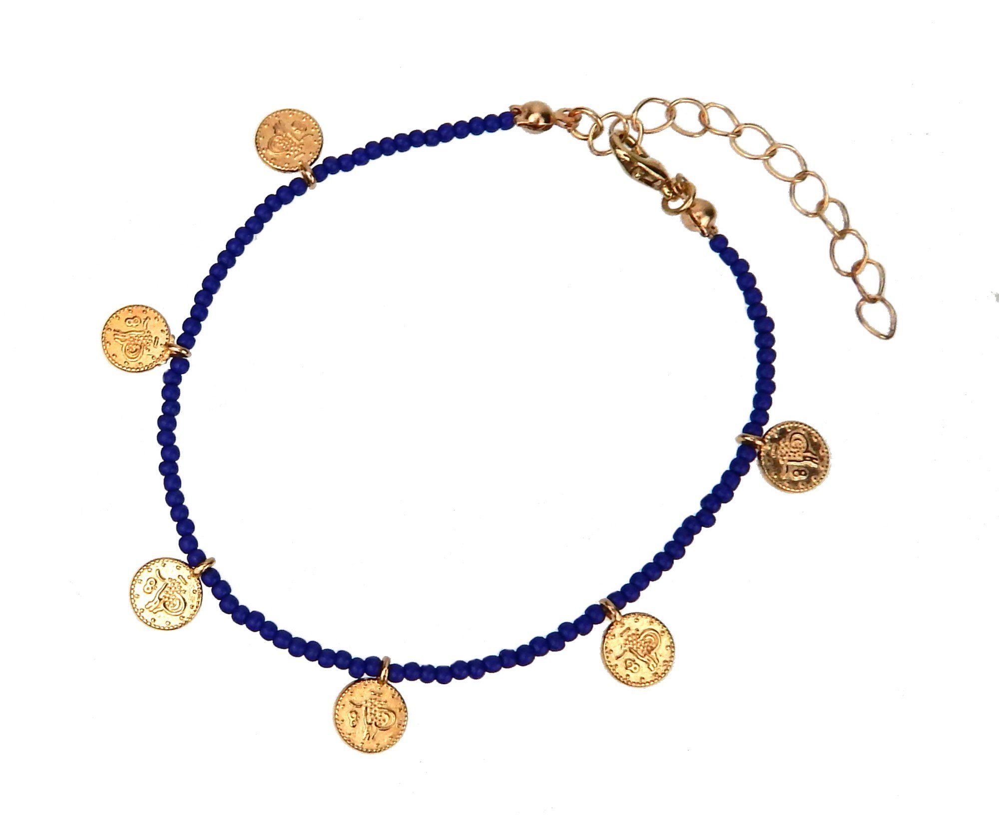 Ella Jonte Armband, Zierliches Perlenarmband mit Coins, Blau-Gold, verstellbar 19-23 cm