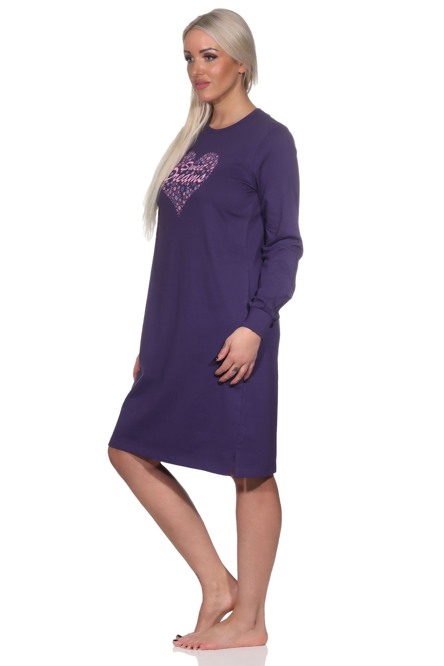 Normann Nachthemd Normann Damen mit in Nachthemd lila auch Übergrößen Herz Motiv langarm 