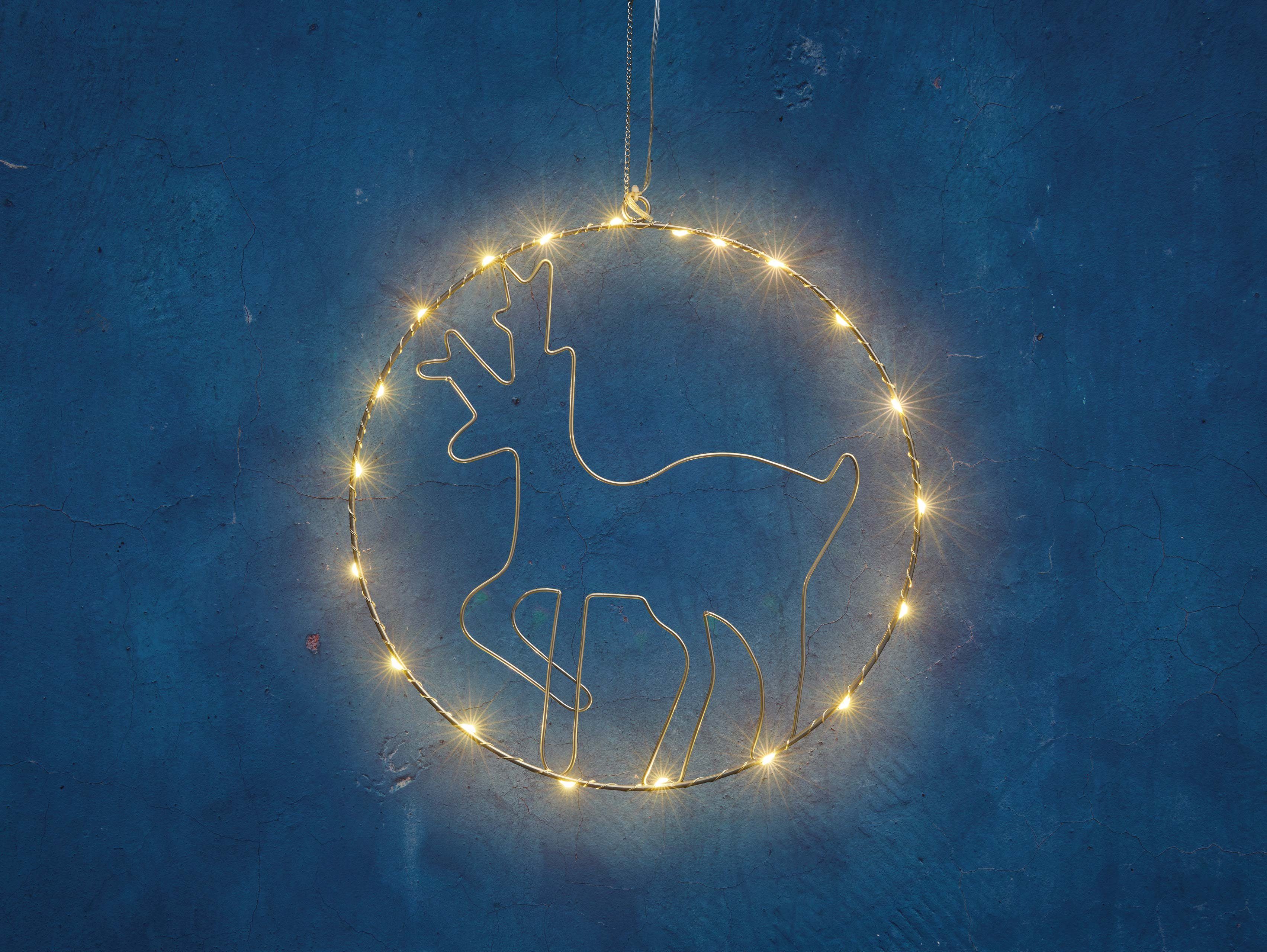 IC Winterworld Dekoobjekt Dekoring Ø 30 cm mit 20 LED beleuchtet zum Aufhängen, Rentier oder Mistelzweig Motiv, aus Metall, moderne Weihnachtsdeko
