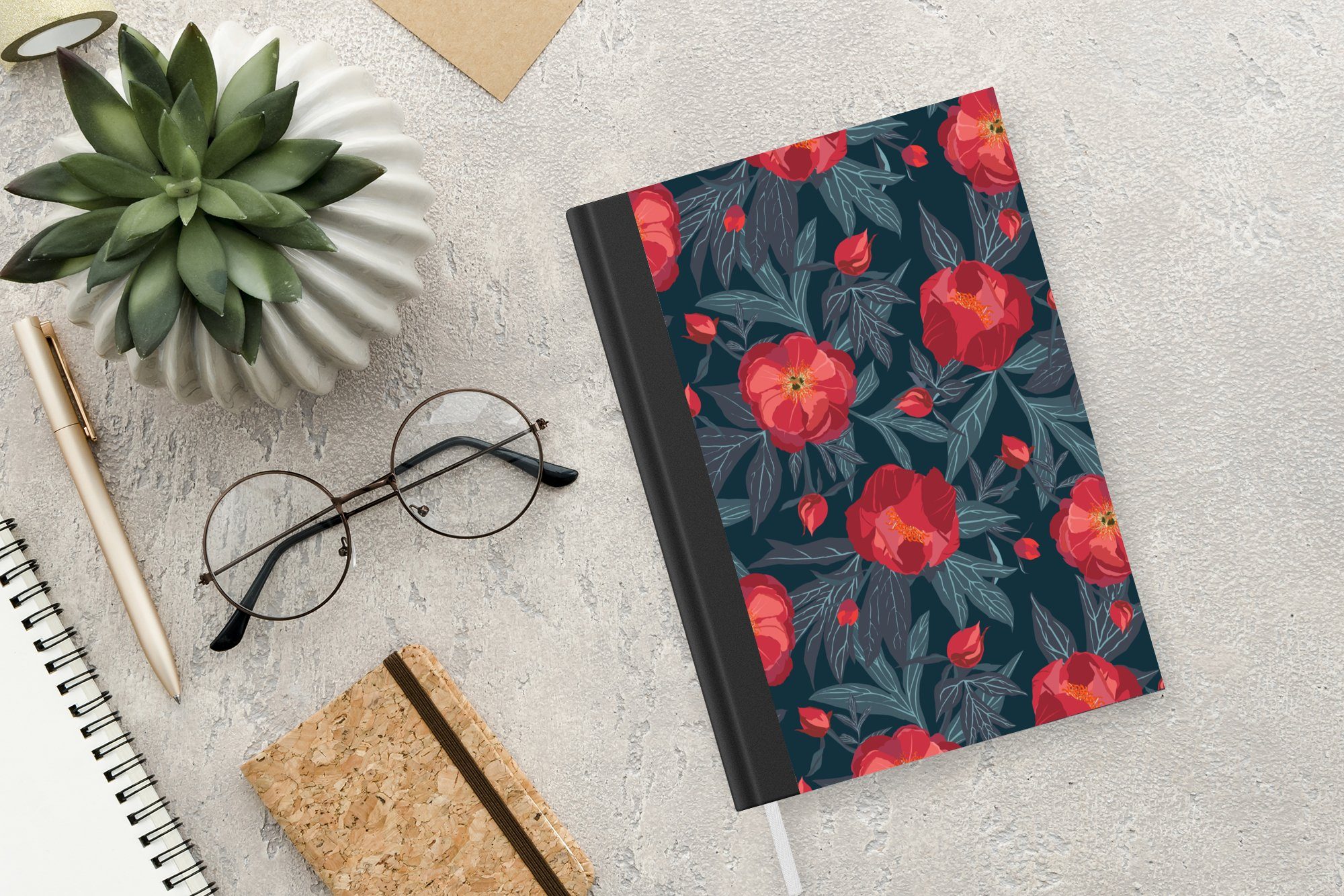 Muster, - Merkzettel, Blätter Seiten, A5, 98 Haushaltsbuch Tagebuch, Notizbuch - MuchoWow Blumen Rot Journal, - Notizheft,