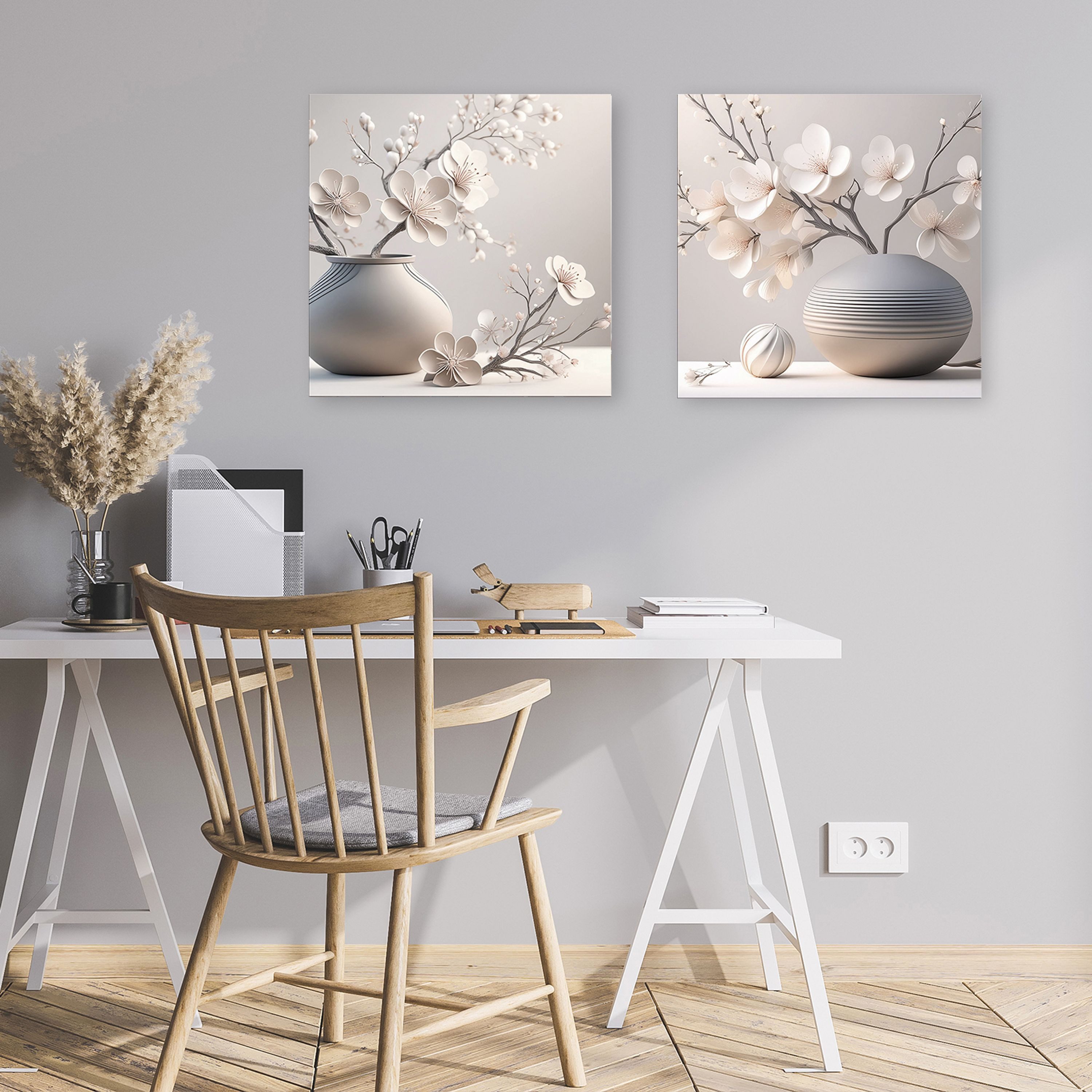 artissimo Glasbild Bild aus Glas 50x50 cm / Wandbild Quadratisch / Wanddeko modern, Stillleben: Blumen/ Blütenzweige in beige