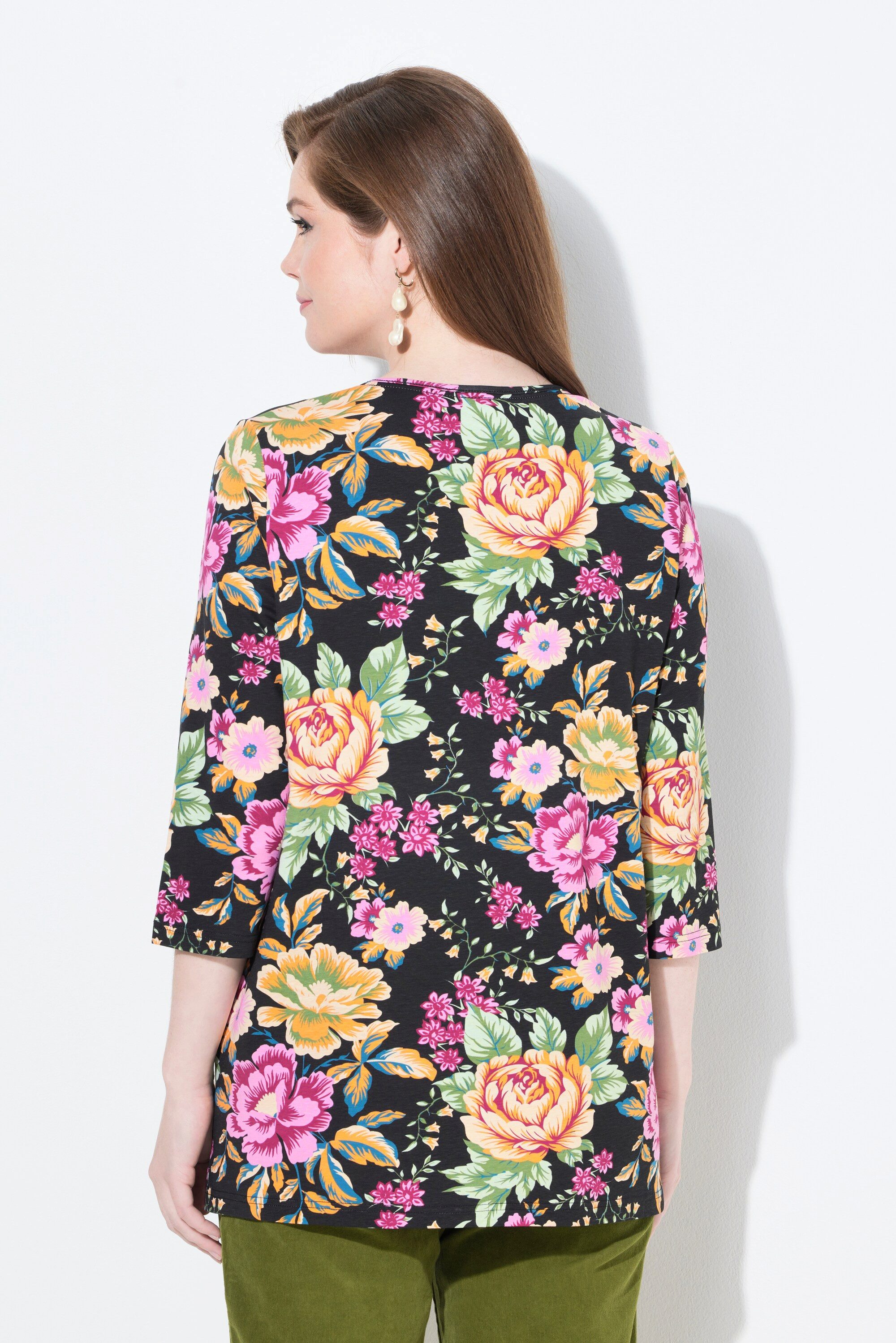 Ulla Popken T-Shirt Shirt Blüten Classic Carré-Ausschnitt 3/4-Arm