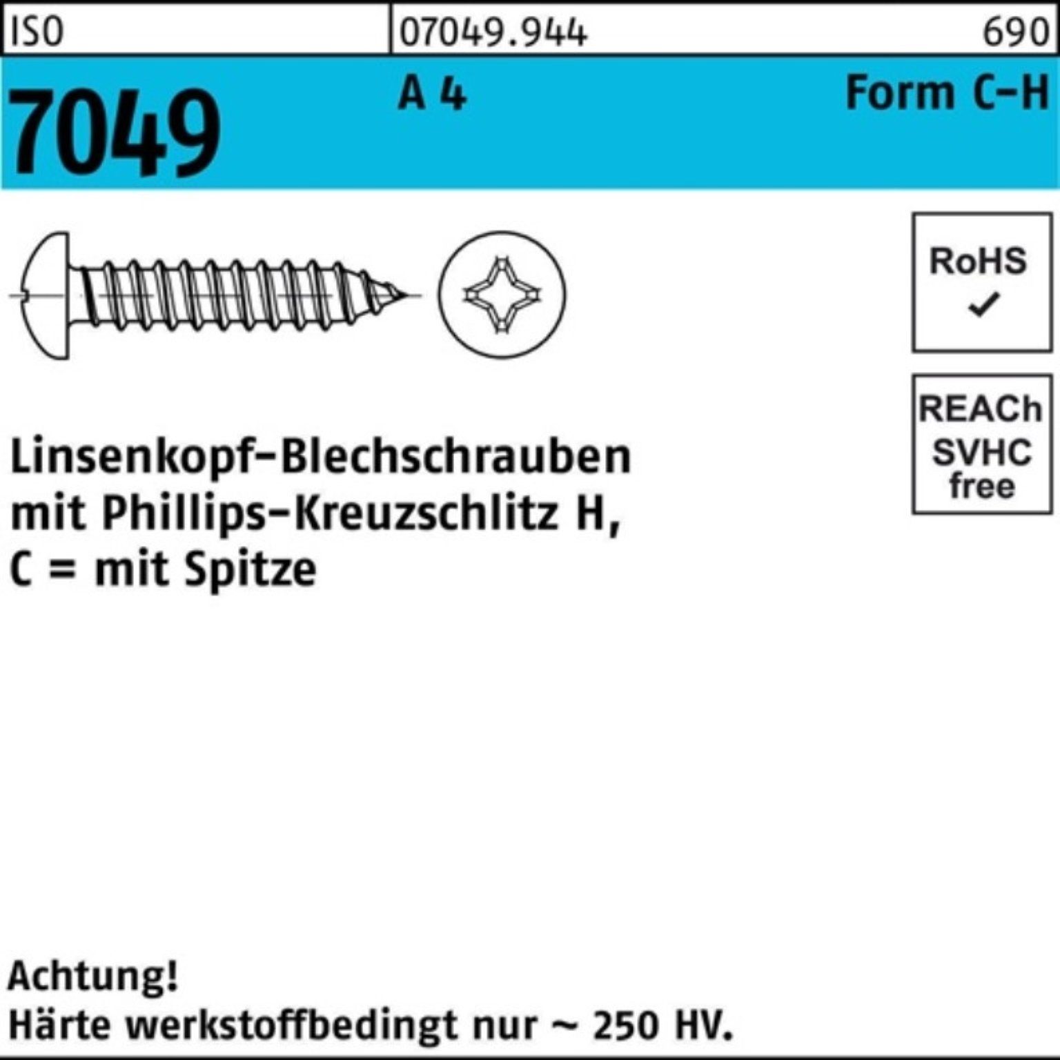 LIKO Pack 4 Blechschraube Reyher 2,2x 7049 100 ISO Blechschraube 1000er 6,5-H C Spitze/PH A