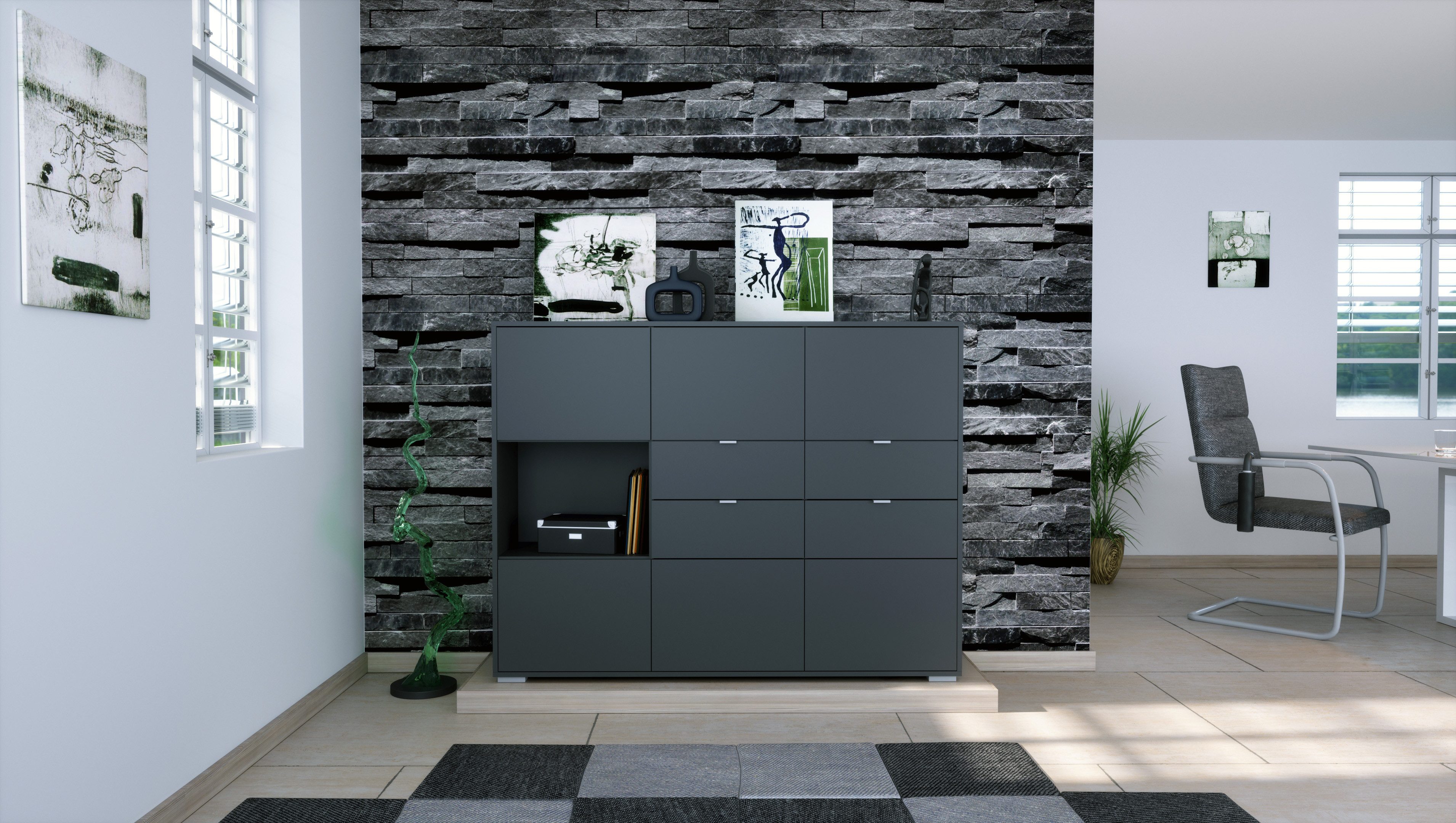 Vladon Highboard Milano (Highboard mit 6 Türen Anthrazit matt, 4 Schubladen Anthrazit matt, Made in Germany), Korpus Anthrazit matt (152,5 x 118 x 37 cm)