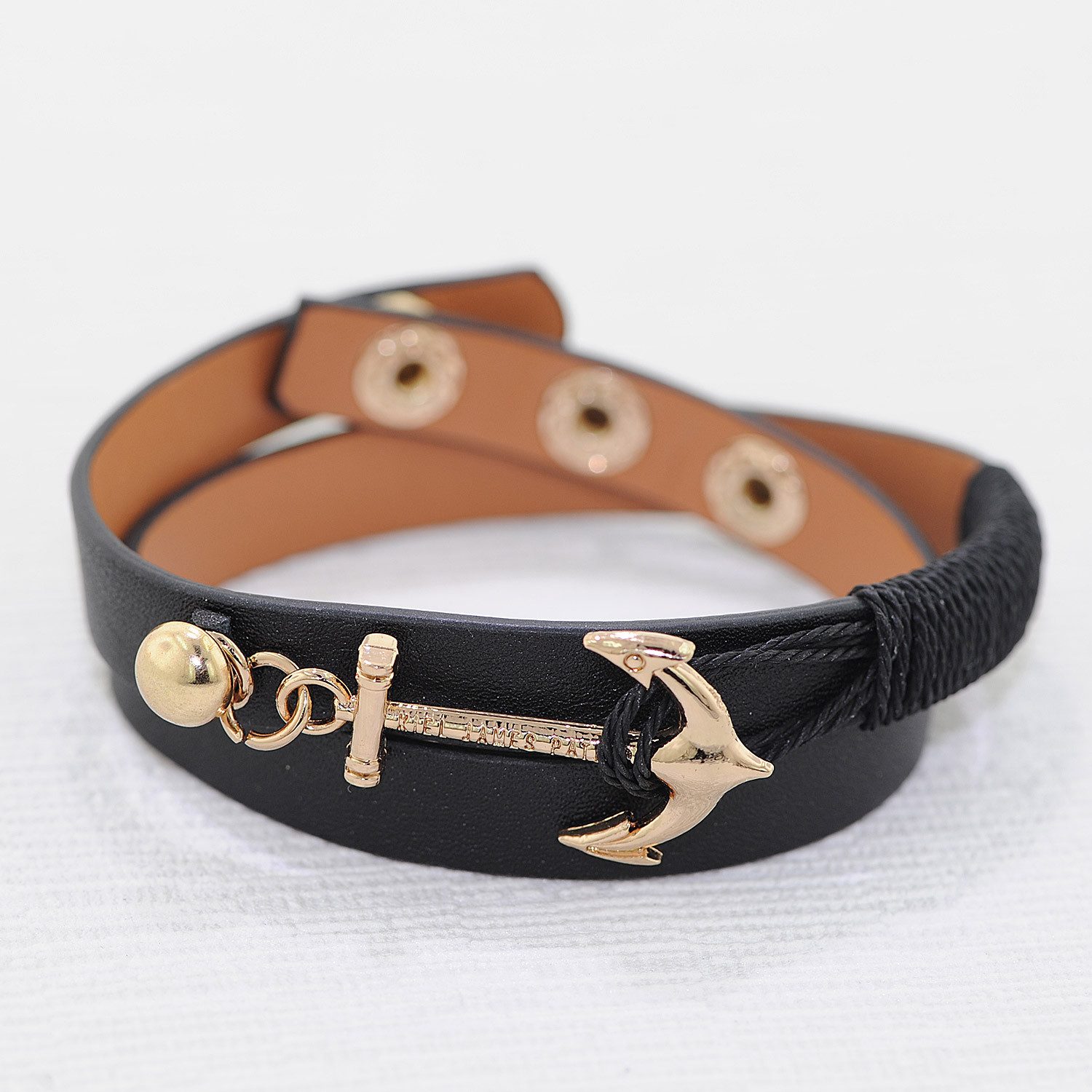 trendor Wickelarmband Leder-Schwarz mit goldfarbenem Anker