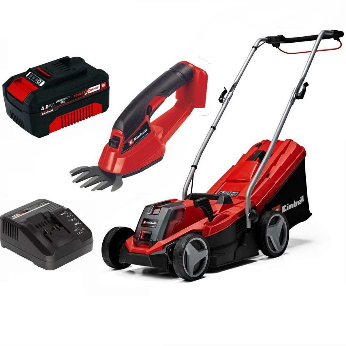 Einhell Akkurasenmäher Rasenmäher GE-CM 18/33 Li 18V Akku 4.0 Ah + Ladegerät + Grasschere