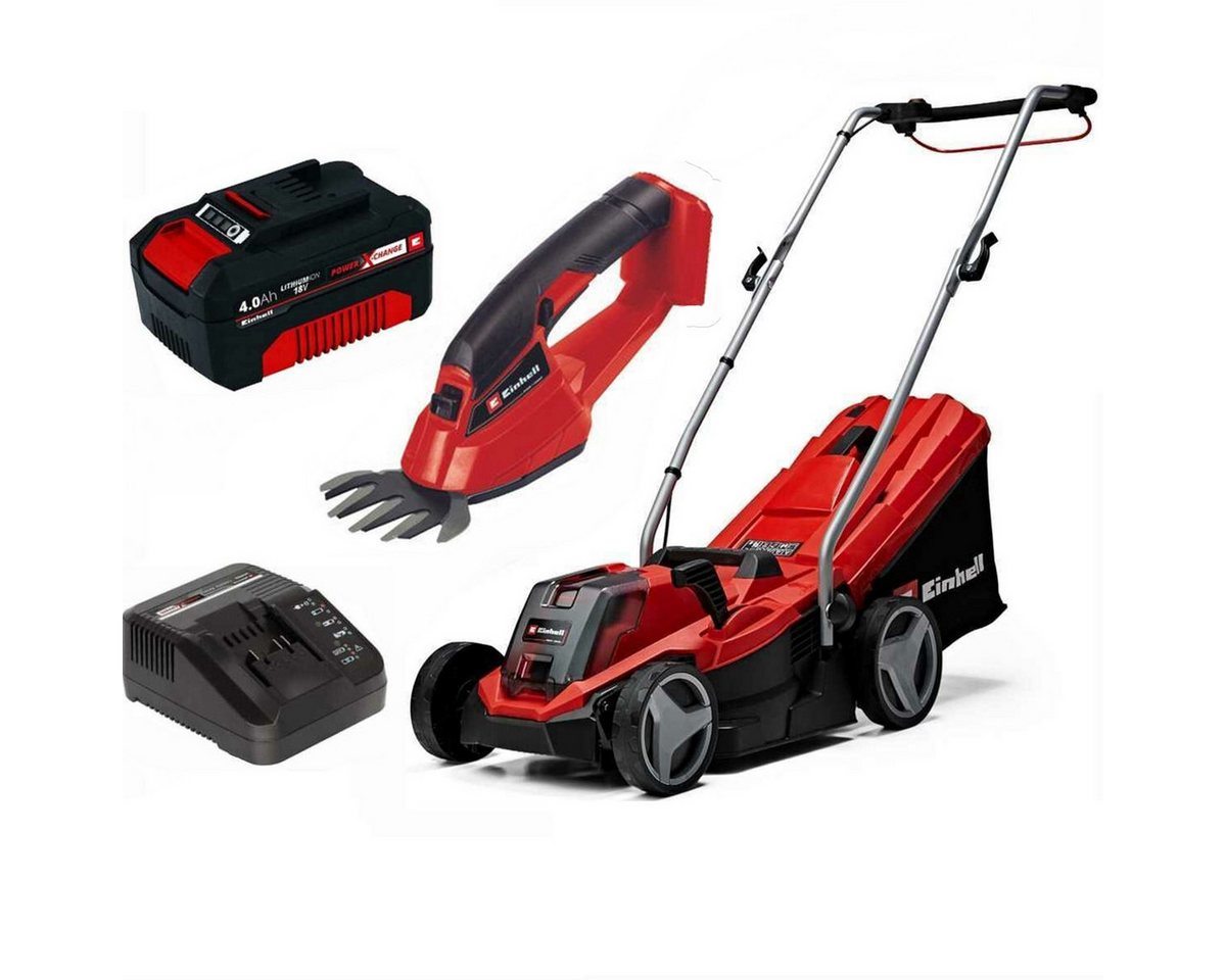 Einhell Akkurasenmäher Rasenmäher GE-CM 18/33 Li 18V Akku 4.0 Ah + Ladegerät + Grasschere