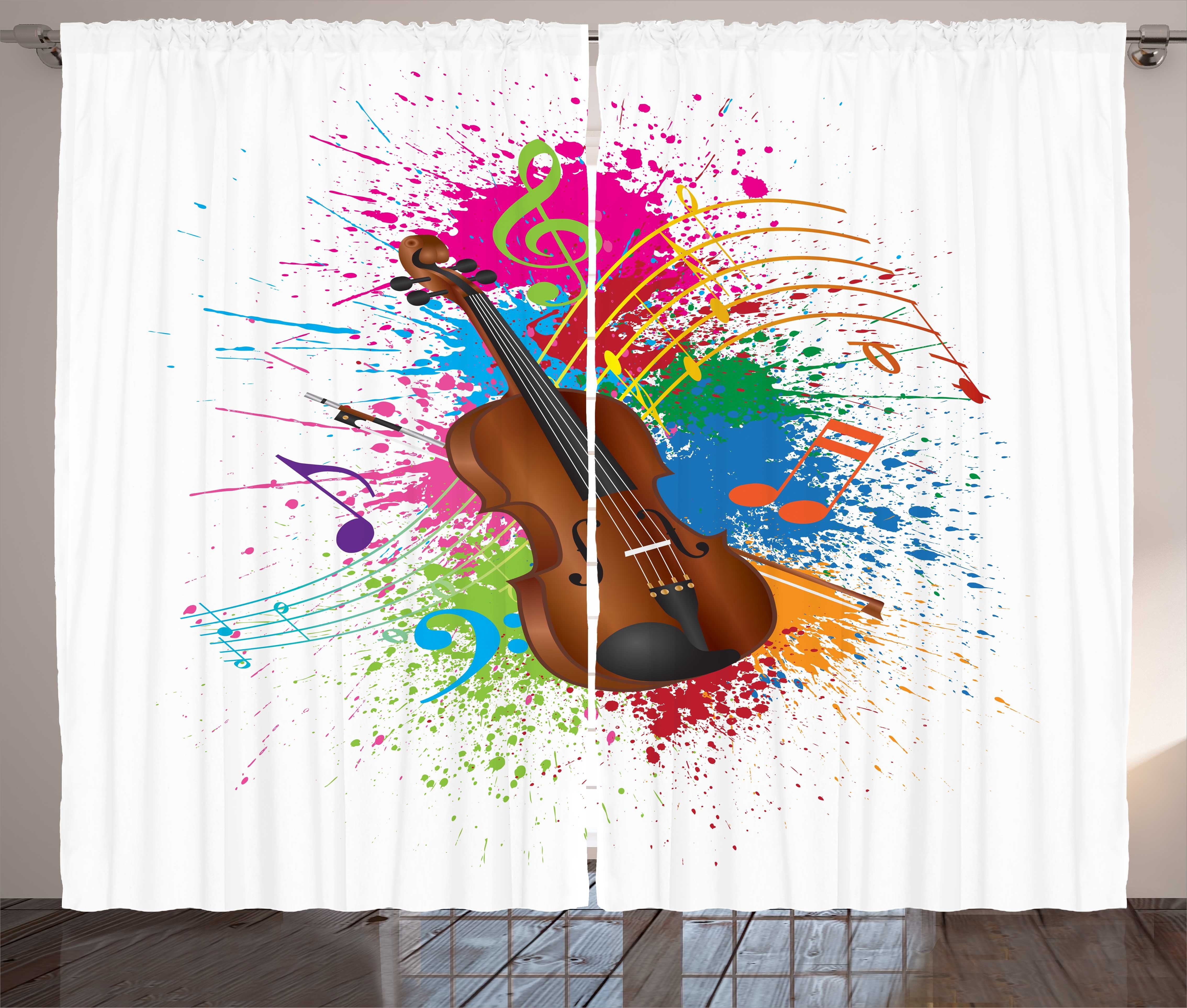 Gardine Schlafzimmer Kräuselband Vorhang mit Schlaufen und Haken, Abakuhaus, Musik Farbspritzer Violine Kunst