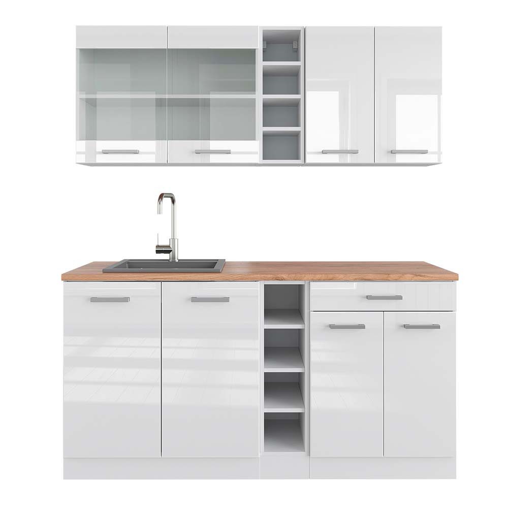 Vicco Küchenzeile R-Line, Weiß Hochglanz/Weiß, 160 cm, AP Eiche