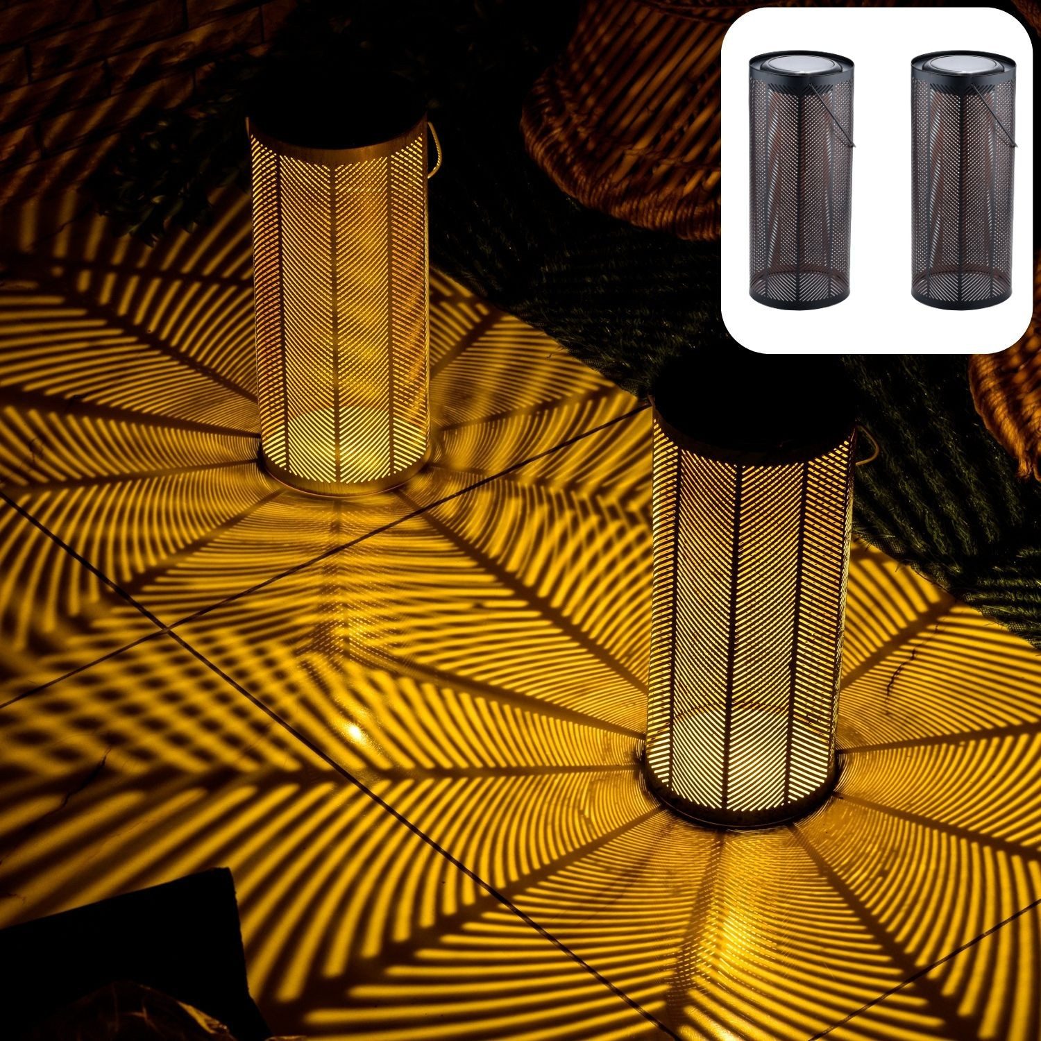 Marrakesch Orient & Mediterran Interior LED Solarleuchte 2er Set Skandinavische Solarlaterne Solar Laterne Lampe Deko Schwarz, LED fest integriert