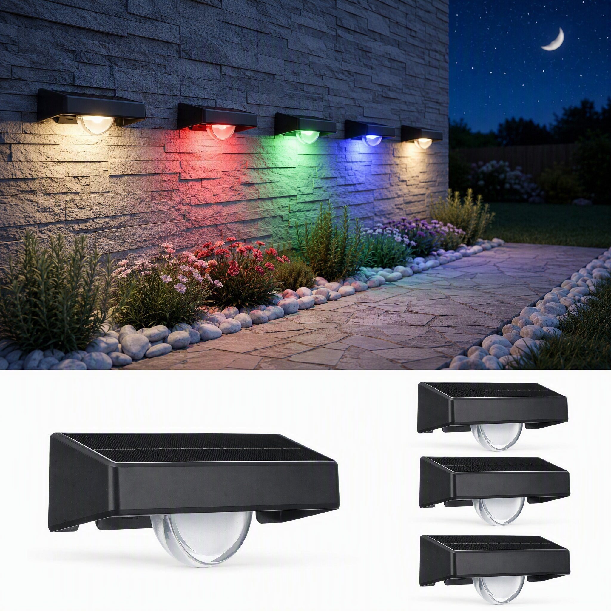 WILGOON LED Außen-Wandleuchte 2/4 Stück RGB Zaunbeleuchtung, Einstellbar LED Solarleuchte für Außen, 3 Farbtemperaturen + RGB, LED fest integriert, Kaltweiß, Warmweiß, RGB, RGB Led Solar Gartenleuchten für Terrasse, Stufen, Terrasse, Zaun