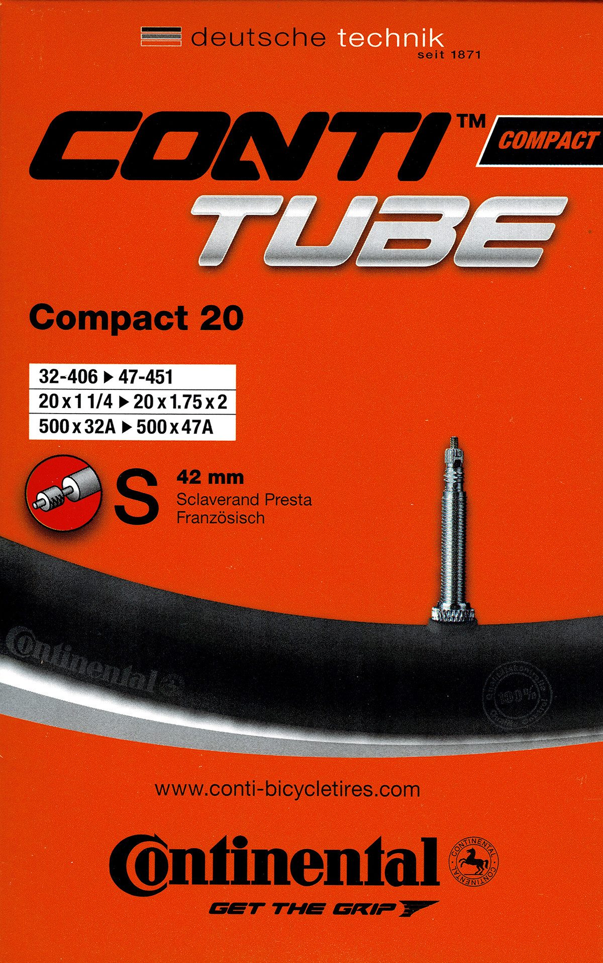CONTINENTAL Fahrradschlauch Continental Compact 20 Schlauch 20 Zoll SV (32/47-406/451) SV 42mm, 1,50, 1,75, 1,40, 1,60, 2 1/4, 1,25, 1,35