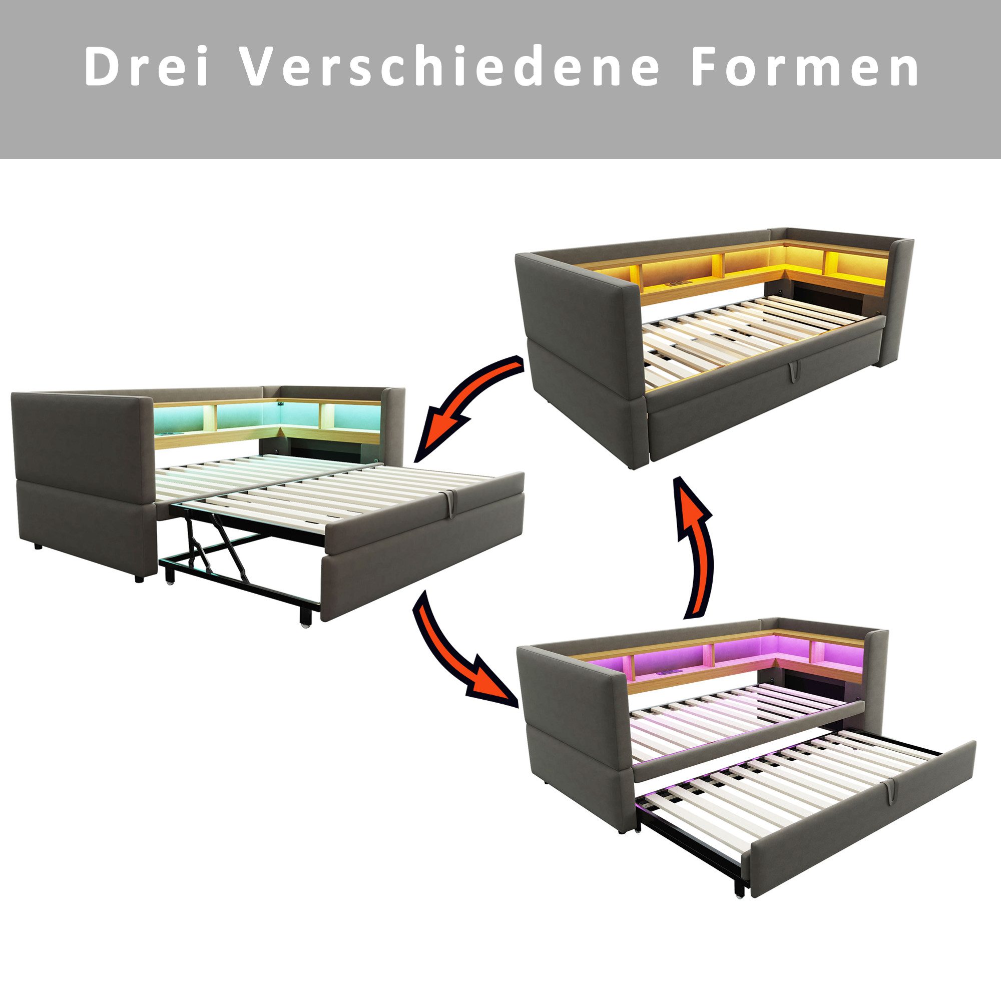 Flieks Daybett, Polsterbett Schlafsofa Ausziehbett 90/180x190cm LED Auflade günstig online kaufen