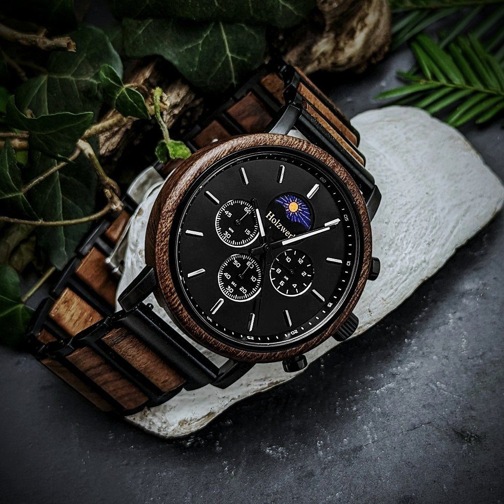 Holzwerk Chronograph BASSUM Herren Edelstahl & Holz Armband Uhr, Mondphase, schwarz, braun