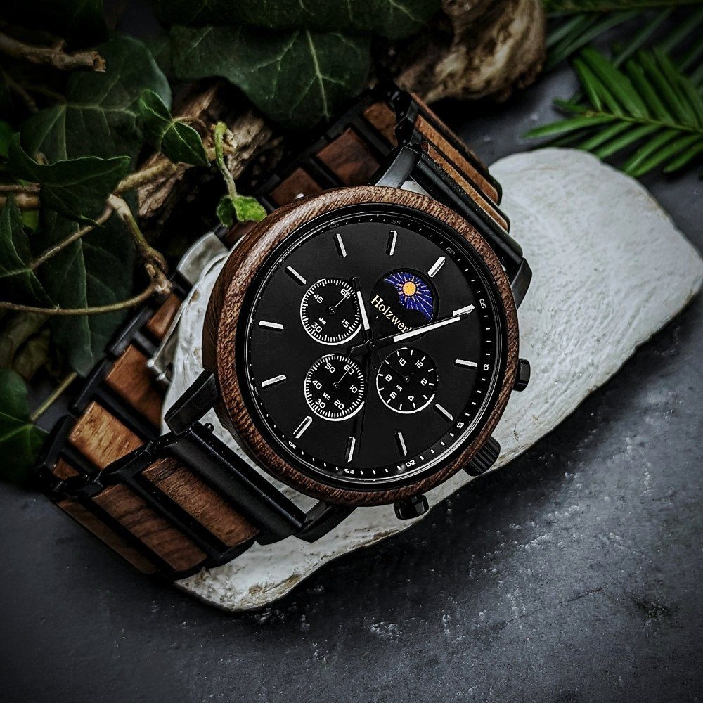 Holzwerk Chronograph BASSUM Herren Edelstahl & Holz Armband Uhr, Mondphase,  schwarz, braun | Quarzuhren
