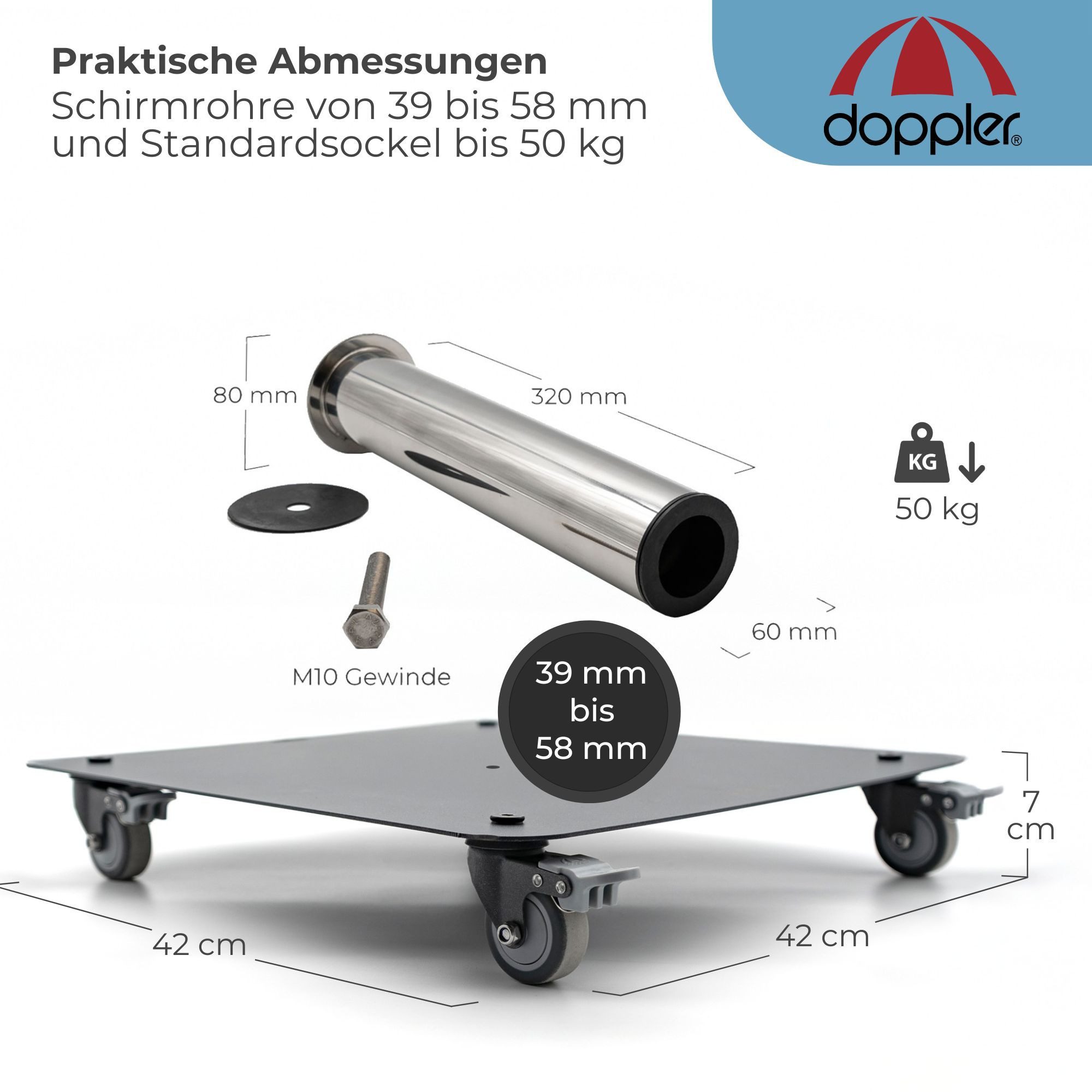 doppler® Kunststoffschirmständer Doppler Universalplatte Vario mit Rollen und Standrohr für