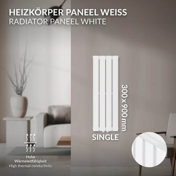 LuxeBath Heizkörper Paneelheizkörper Designheizkörper Flachheizkörper Vertikalheizkörper, Einlagig 900x300mm Weiß Mittelanschluss Bad/Wohnraum inkl. Montage-Set