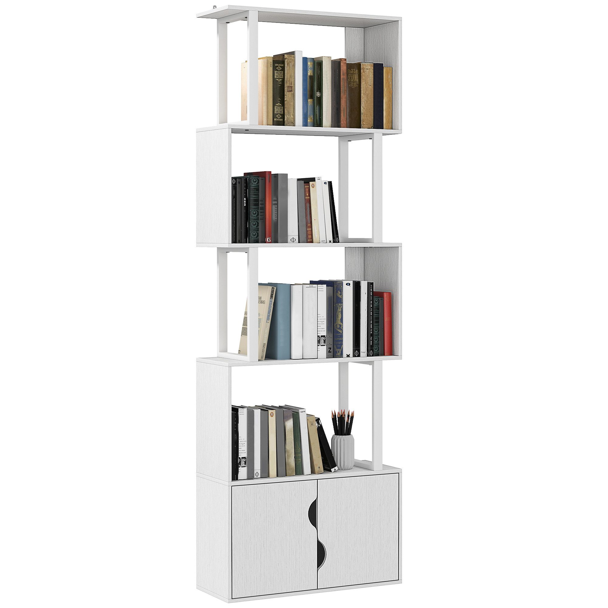MC Star Bücherregal 5-stöckiges Bücherregal, Aufbewahrungsmöbel mit Regalböden, und Doppeltürschrank, 60 x 23,8 x 179,2 cm, weiß