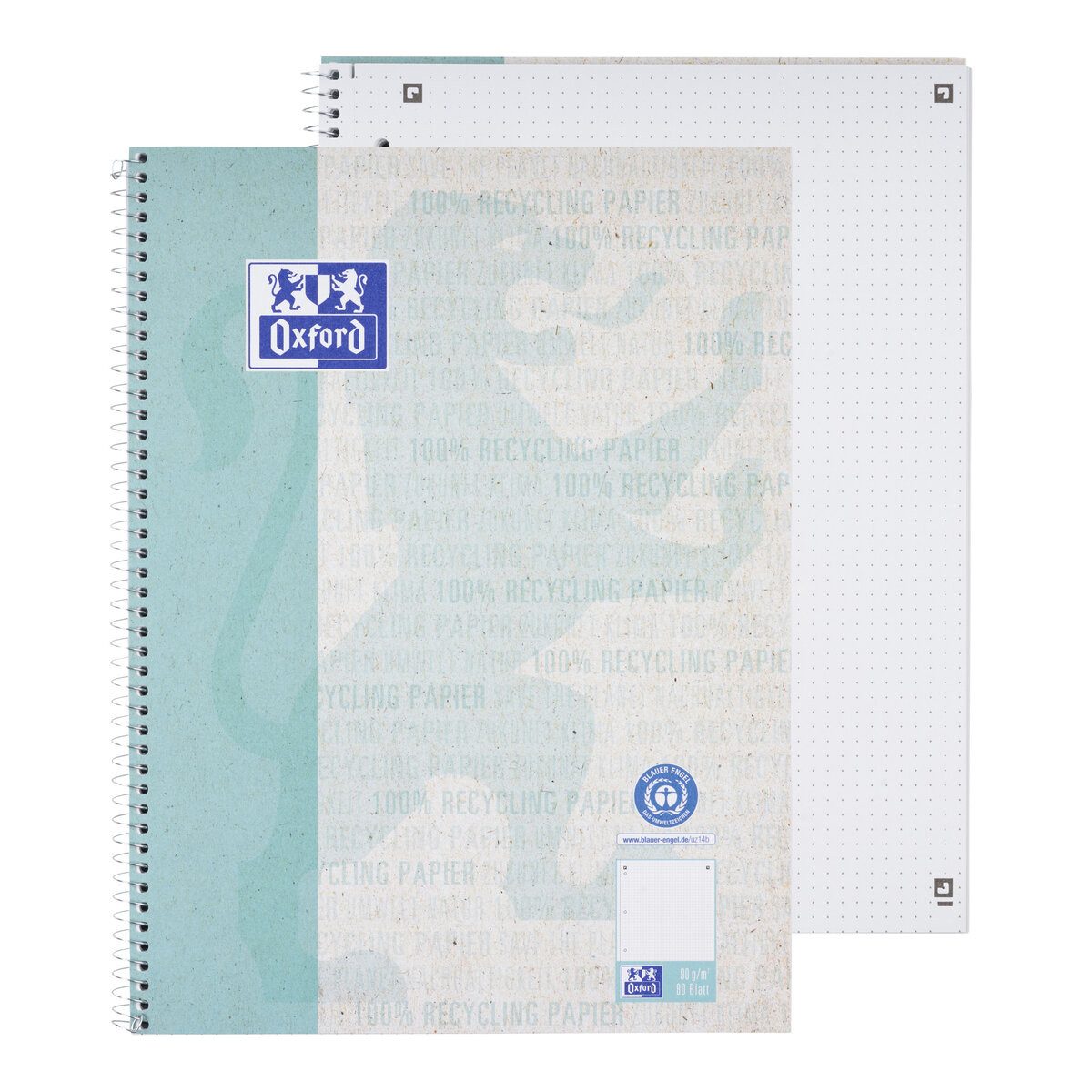 OXFORD Notenblock Collegeblock Recycling - A4+ 80 Blatt punktkariert aqua.