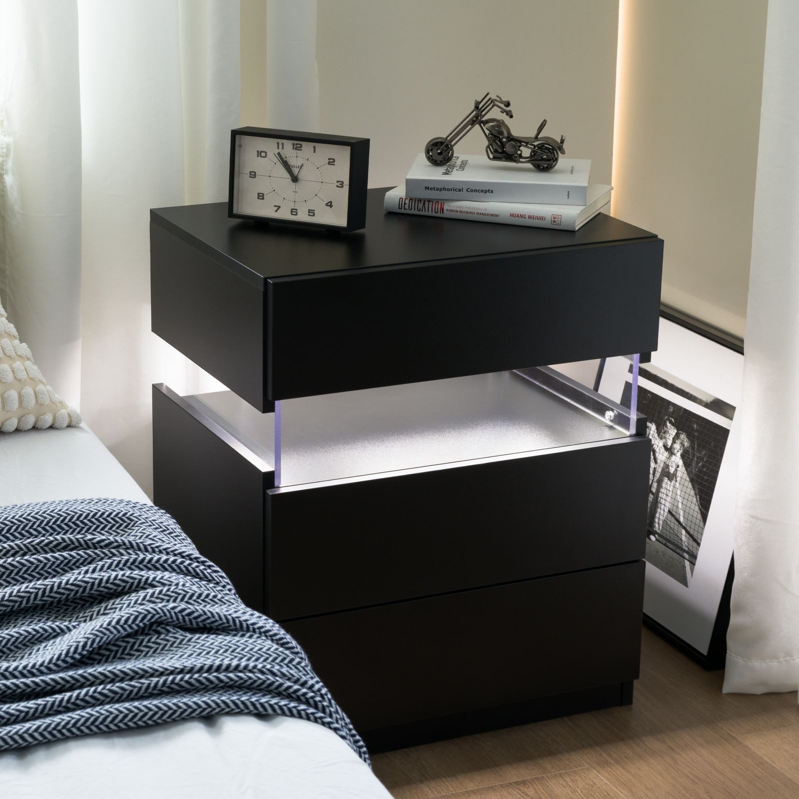 Nachttisch Beistelltisch Nachtschrank Nachtkommode LED Schubladen Weiß/Schwarz