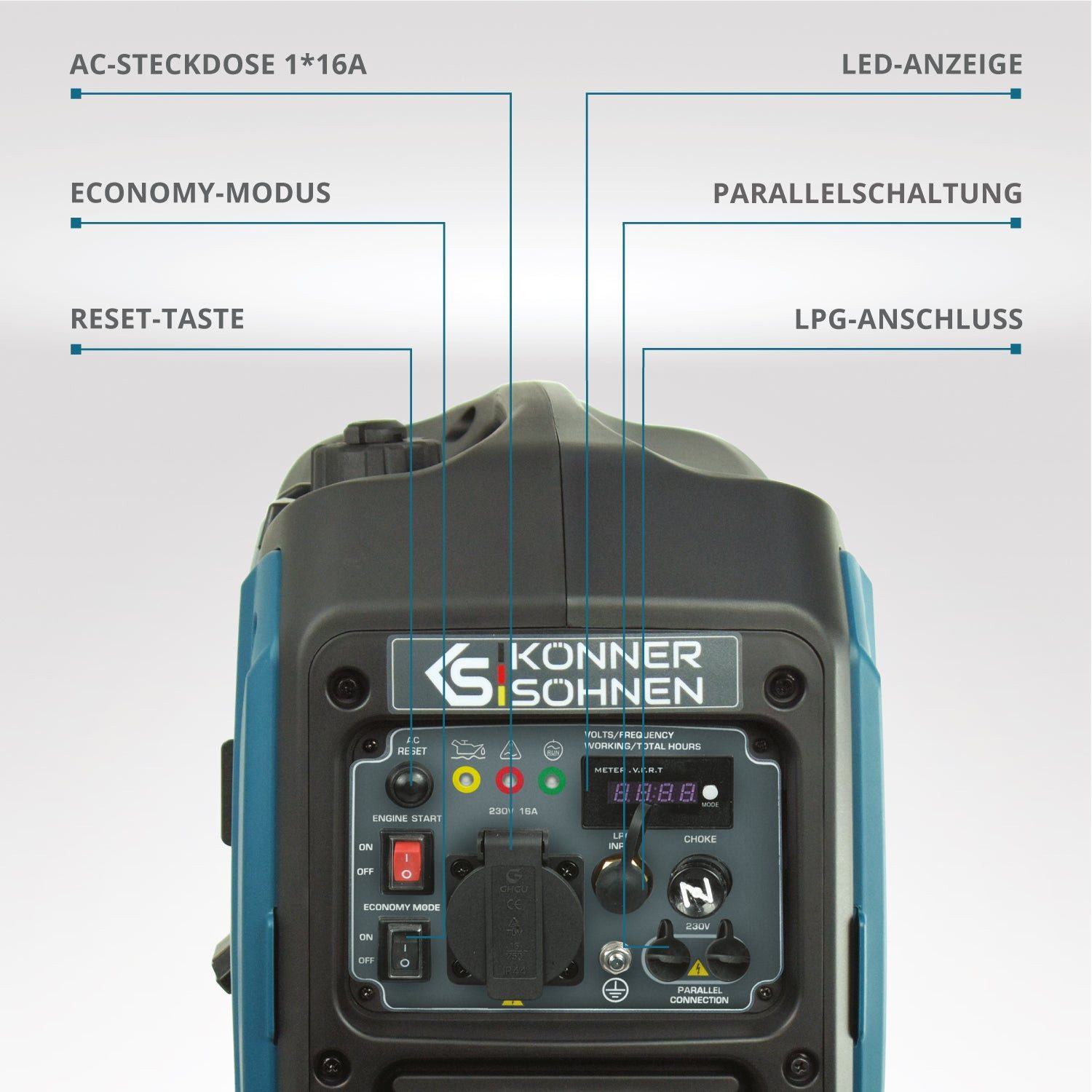 Könner & Söhnen KS 2000iG S generator, 2.00 kW, (Super quiet hybrid inverter (LPG/petrol), 1-piece, 2.0 kW, 62 dB(A), ECO mode for 50% fuel savings), Pure sine wave, 19 kg, Parallel connection, EURO V