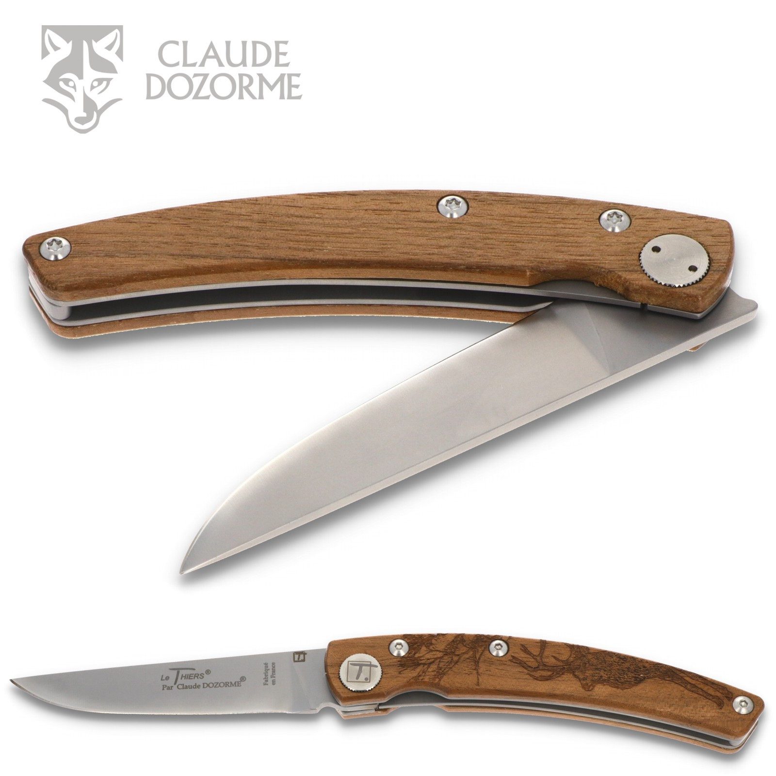 Claude Dozorme Taschenmesser 1.90.171.06CE, Le Thiers "Hirsch" - Griff 12.5 cm Nussbaum - LinerLock - Stahl matt