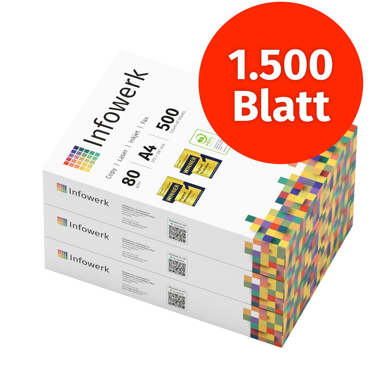 Infowerk Druckerpapier Kopierpapier 1500 Blatt A4 80g Premium Weiß Testsieger PEFC
