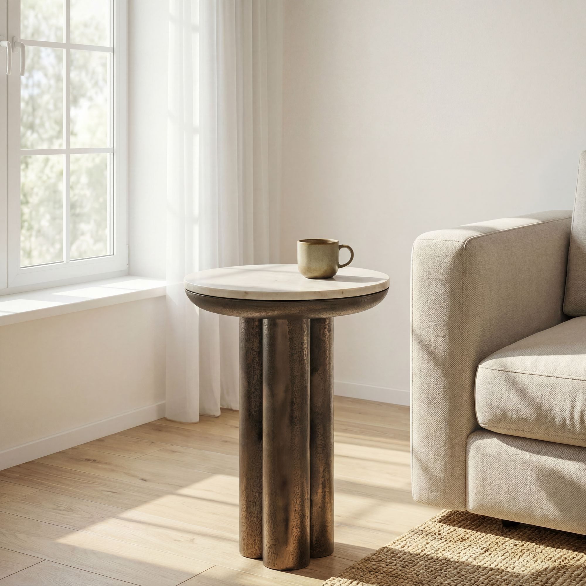 FINEBUY Beistelltisch FB116658 36cm mit Marmor Platte weiß Wohnzimmertisch Couchtisch Metall (Extravaganter Tisch in markanter Säulenoptik), Glatte Marmorplatte auf robustem Aluminium