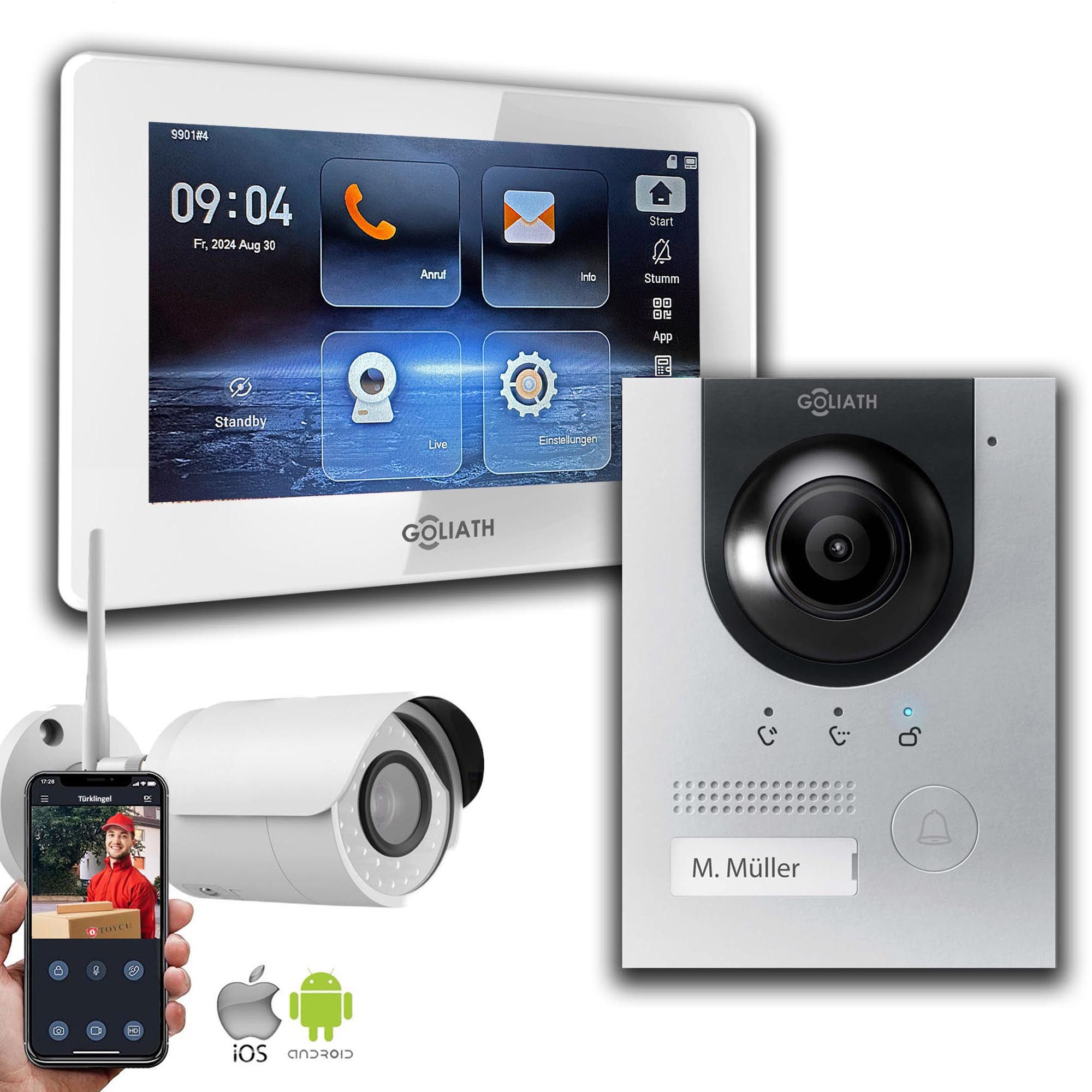 Goliath Intercom Video-Türsprechanlage Gegensprechanlage mit Kamera Goliath IP 2-Draht BUS Silber 1-Monitor 1 (Privat oder Gewerblich)