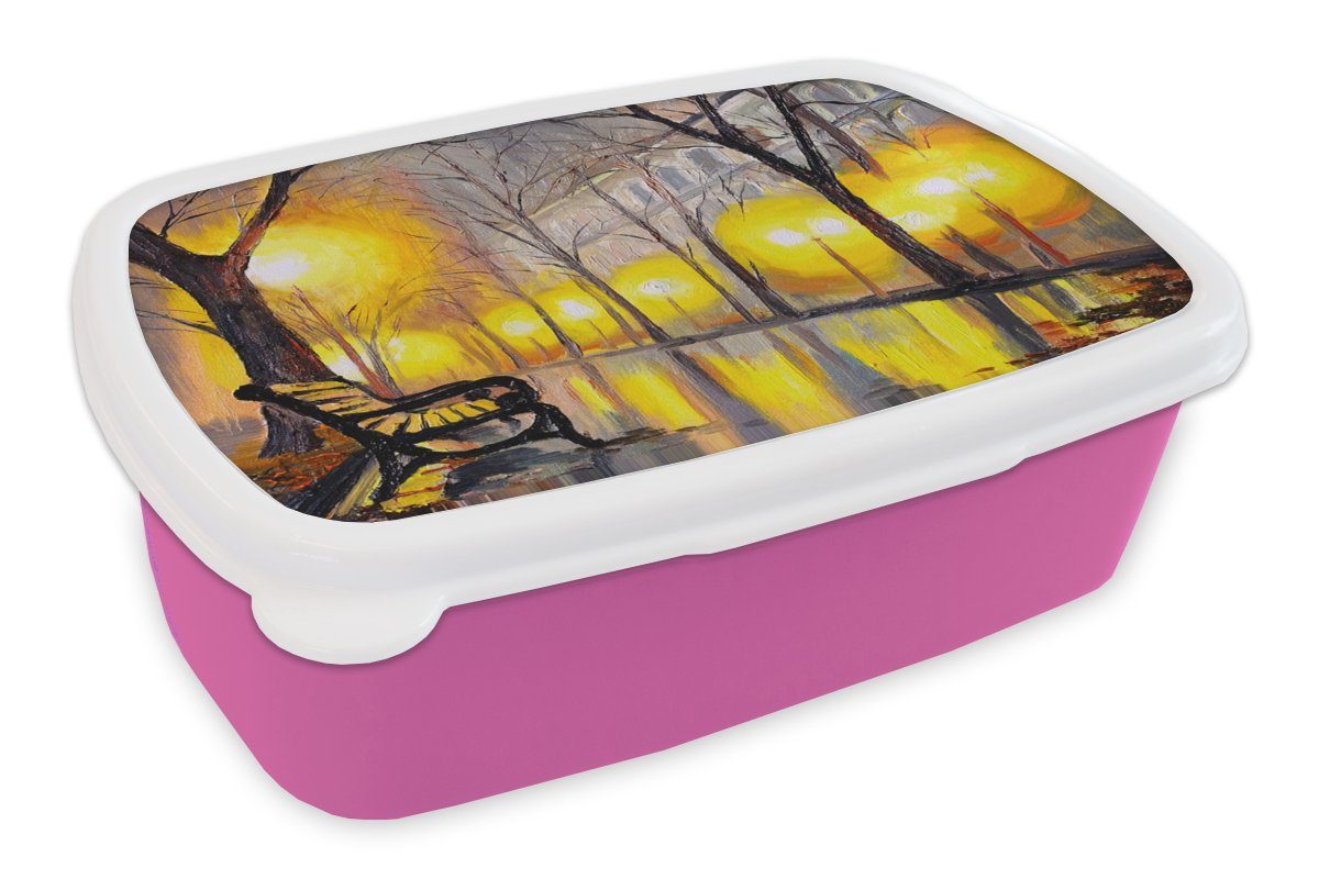 MuchoWow Lunchbox Malerei - Bank - Wasser - Licht - Öl, Kunststoff, (2-tlg), Brotbox für Erwachsene, Brotdose Kinder, Snackbox, Mädchen, Kunststoff rosa