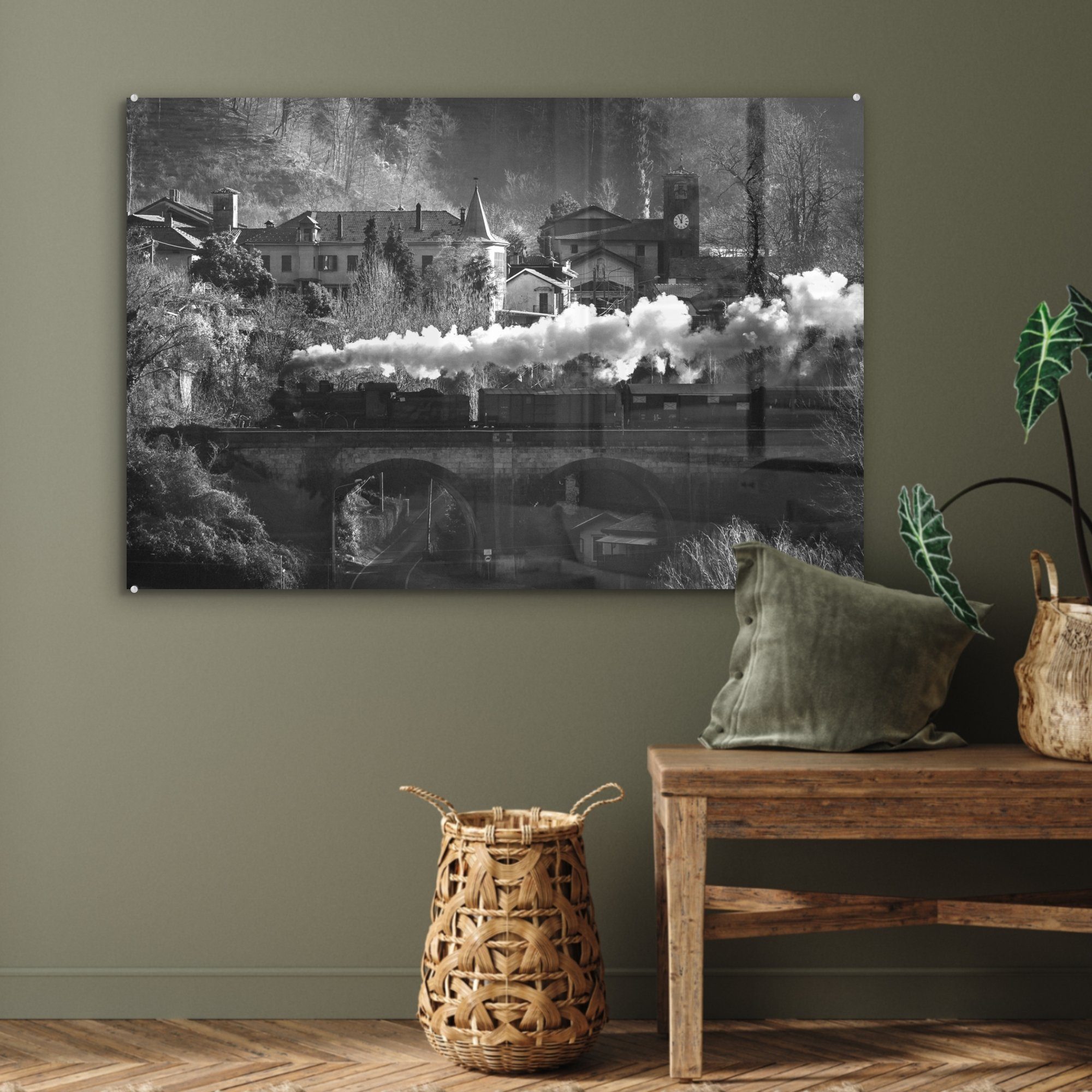 Dampfzuges Schlafzimmer auf MuchoWow Acrylglasbilder & eines (1 Brücke, St), einer Wohnzimmer Acrylglasbild Schwarz-Weiß-Fotografie