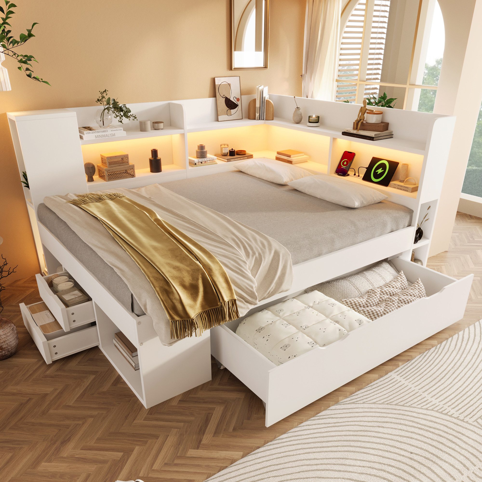 OKWISH Bett Bett 140x200 cm Weiß mit LED & USB/Type-C (Packung, 1-tlg., Funktionsbett aus Holzwerkstoff mit USB & Typ-C Ladestation), mit Schubladen Jugendbett inkl. Lattenrost (ohne Matratze)