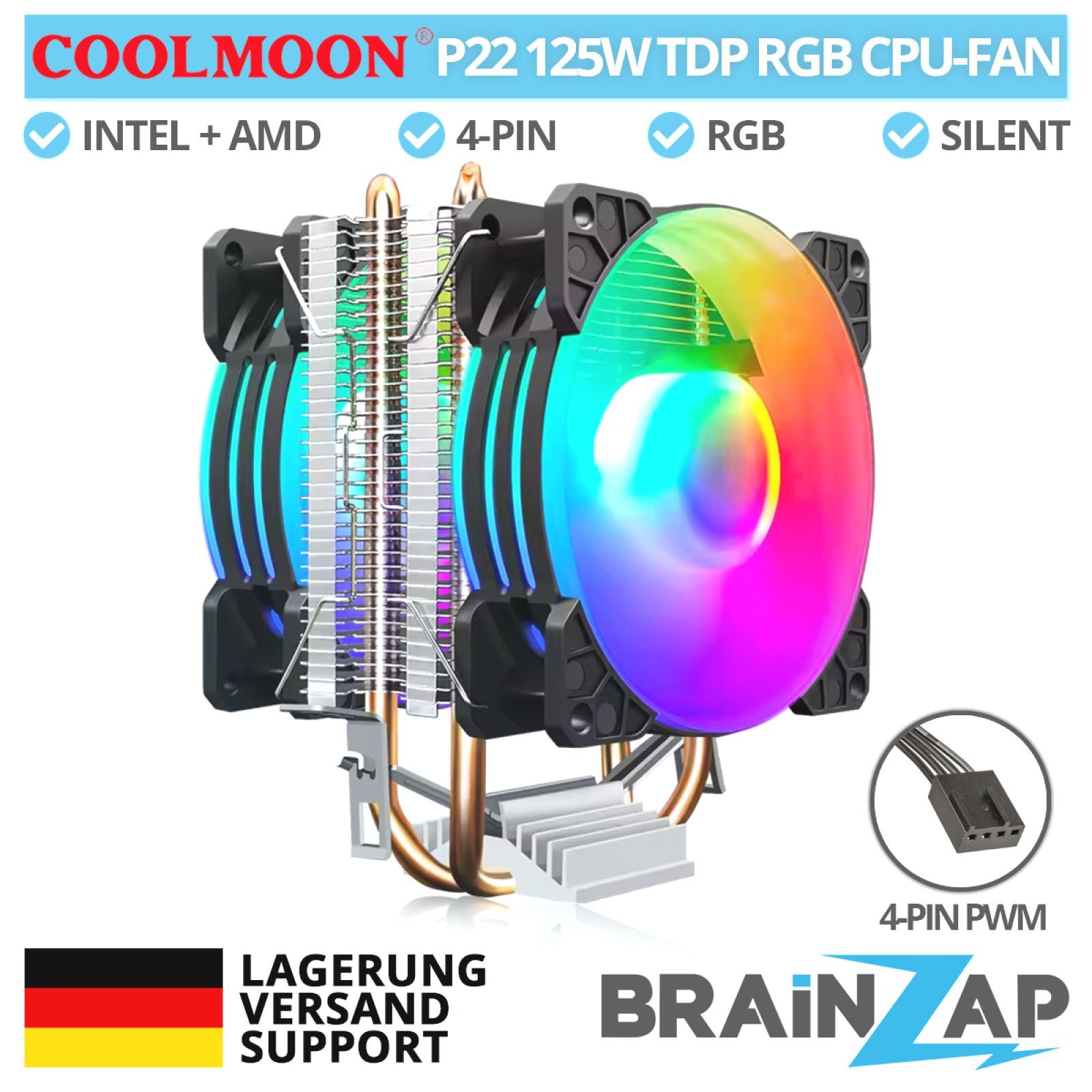 BRAINZAP CPU Kühler RGB CPU-Kühler 125W TDP, Luftkühlung, RGB-Beleuchtung, 125W TDP, PWM, Aluminium, 4-Pin