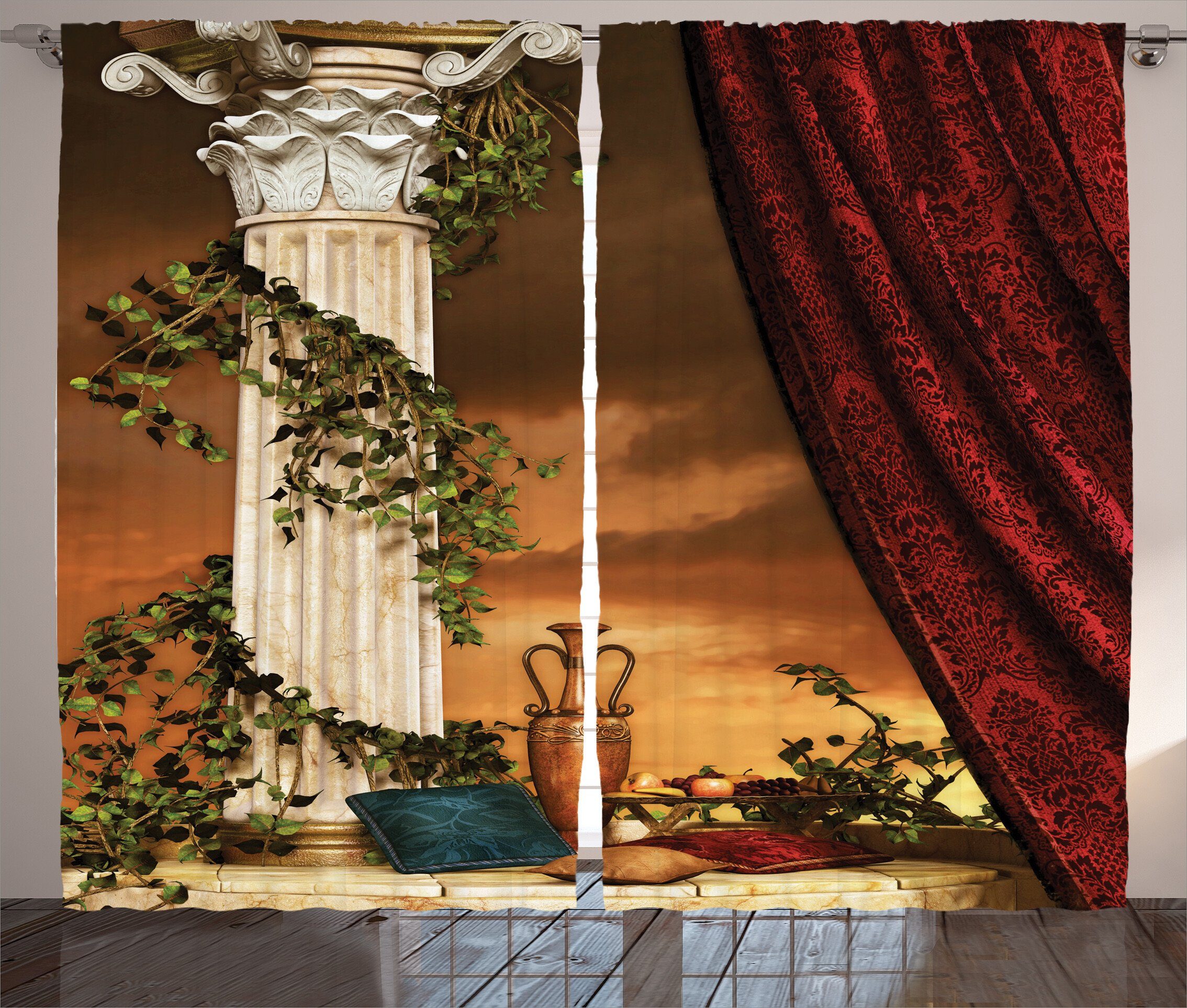 Gardine Schlafzimmer Kräuselband Vorhang mit Schlaufen und Haken, Abakuhaus, gotisch Griechische Landschaft Sonnenuntergang | Fertiggardinen