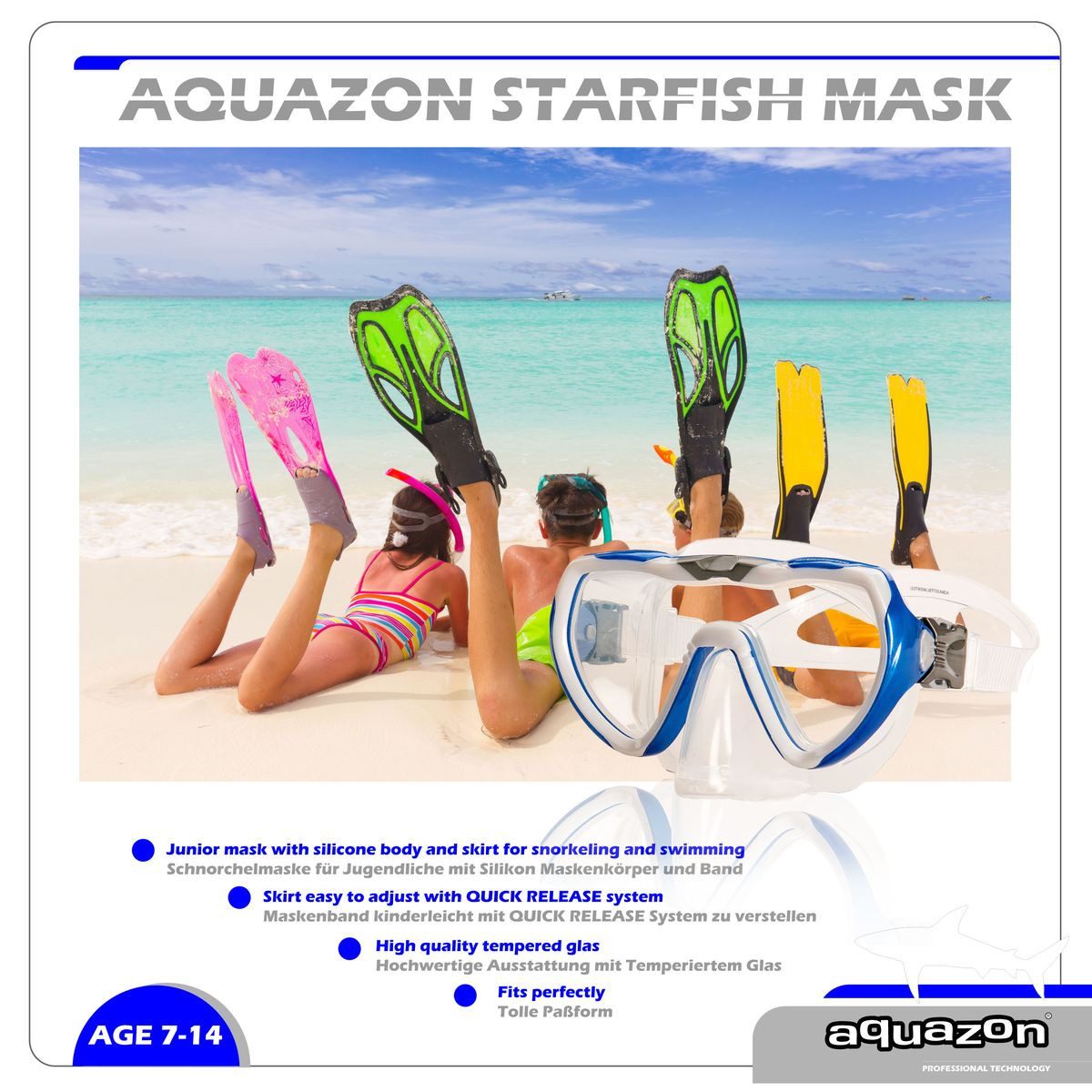 AQUAZON Taucherbrille STARFISH Kinder Schnorchelbrille 7-12 Jahre mit Textil Kopfband