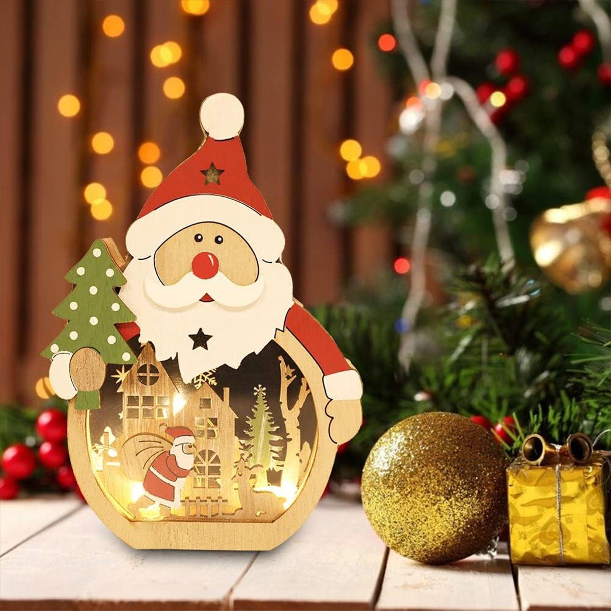für Holz LED Weihnachtsdekorationen Innendekoration Ornamente Weihnachts, Holz Geschenke Weihnachten Deko autolock Weihnachtsfigur Holz