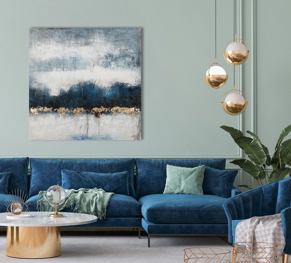 ArtUniverse Gemälde Farbkomposition in Dunkelblau und Gold 100x100cm, Abstrakt in Blau Gold