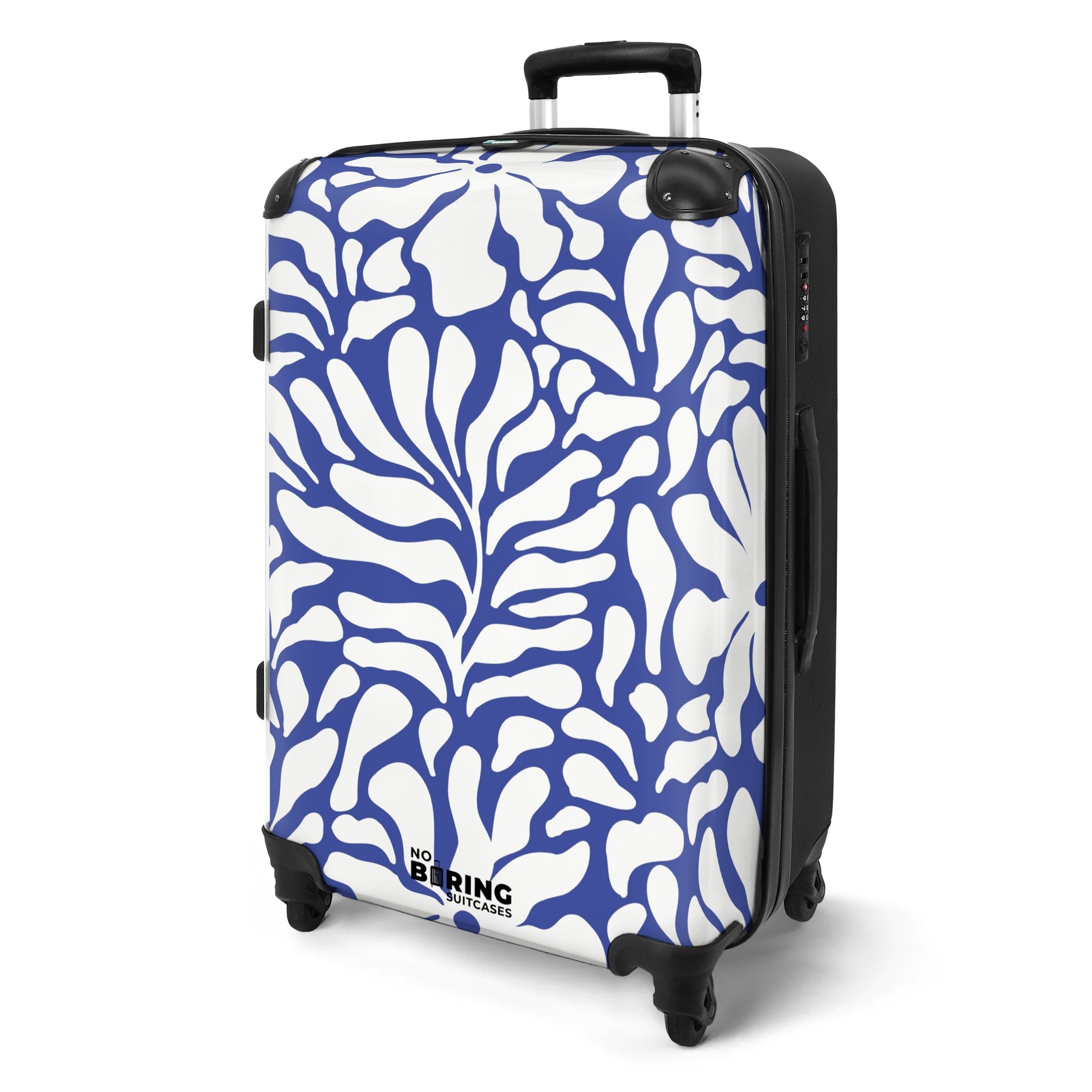 NoBoringSuitcases.com© Hartschalen-Trolley Blau mit weißen Blumen günstig online kaufen