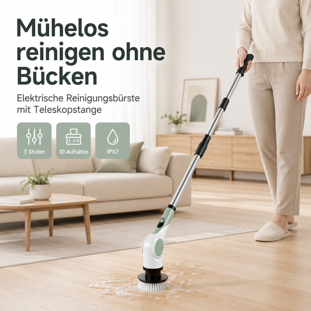 Tekoo Reinigungsbürste Elektrische, Akku Schrubber mit 10 AustauschbarenBohrbürstenköpfen, Hartböden, Fliesen, Fugen, Fenster, Kochfelder, 3-stufig, LED-Display, Überlastschutz & Softstart
