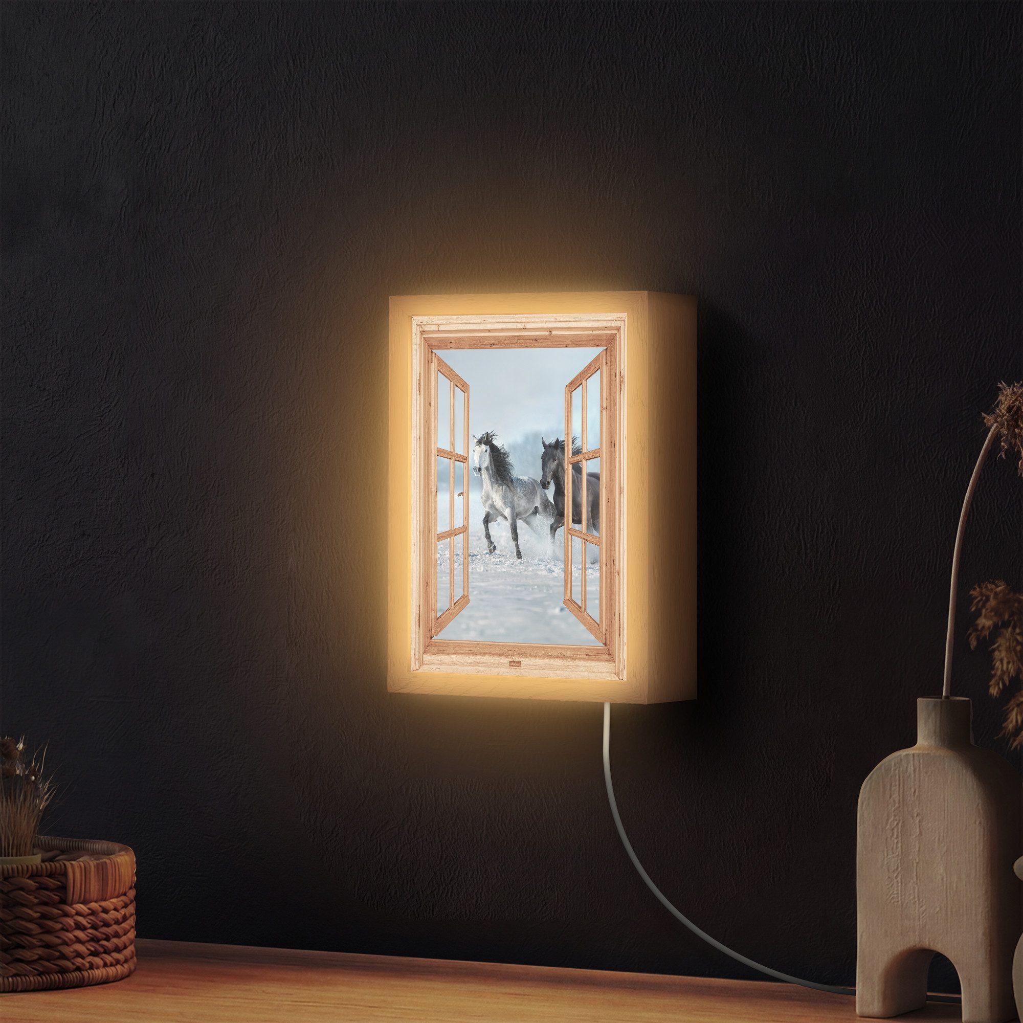 OnlyWow Wandleuchte Lightbox Fensterblick - Fenster - Pferde - Winter - Tiere - Natur - Ho, Dimmbar, Farbwechsel, LED, Warmweiß, Kaltweiß, Neutralweiß Einstellbar, Wandlampe Innen, Dimmbar, mit Kabel, LED, Beleuchtung, Wohnzimmer