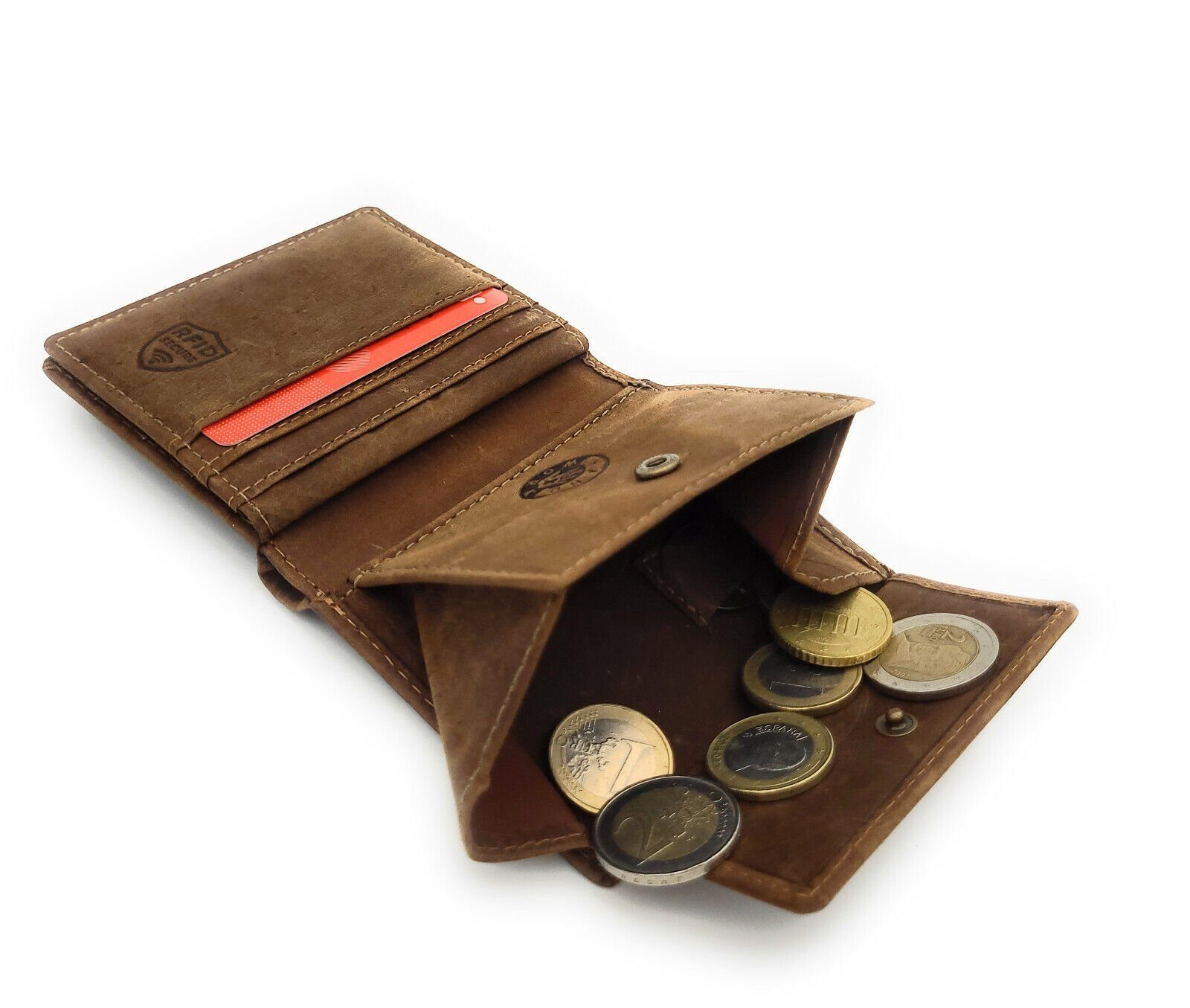 JOCKEY CLUB Mini Geldbörse kleines echt Leder Portemonnaie mit RFID Schutz, 3D geprägter Wolf