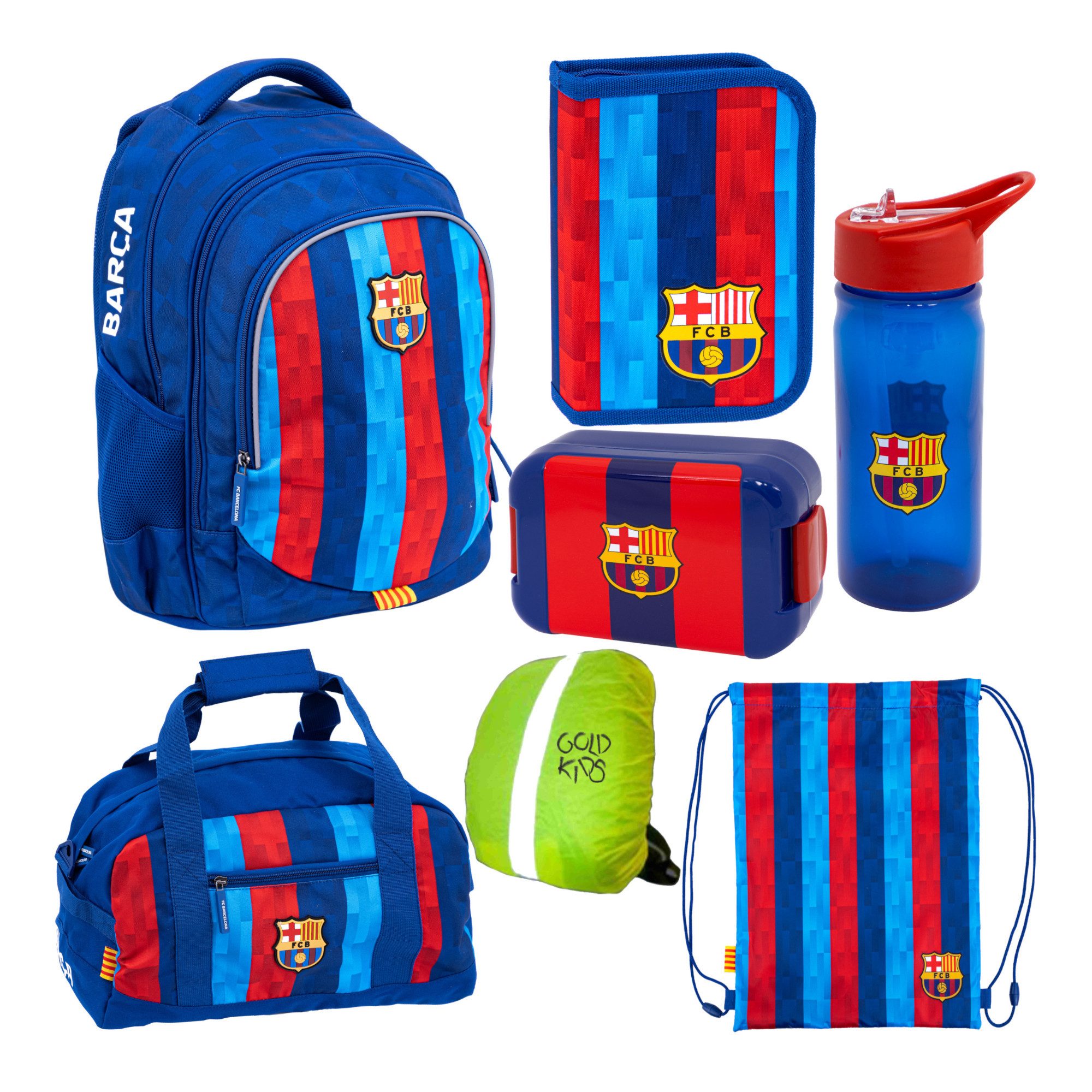 GOLDKIDS Schulranzen für Jungen und Mädchen, 7er-Set - (Schul-Rucksack für, 1-tlg., Kinder mit Federmäppchen), Schuhbeutel Trinkflasche und Brotdose- FC Barcelona