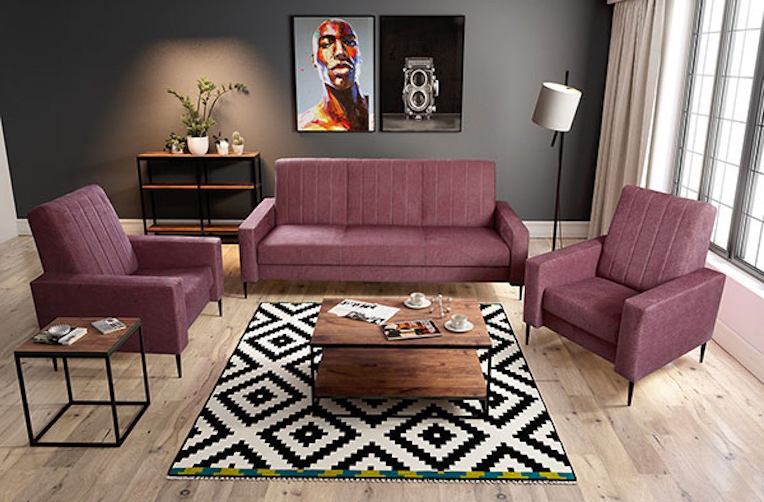 Feldmann-Wohnen Polstergarnitur Toronto, Farbe wählbar 3-tlg, 1 Sofa & 2 Sessel, Schlaffunktion und Bettkasten ockergelb