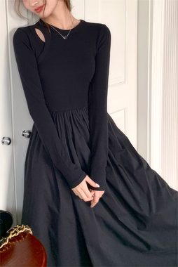 B.X Maxikleid Damen Casual lange Ärmel einfarbig Jerseykleid mit Rundhalsausschnitt Freizeit Hohl Langarmkleid im Hepburn-Stil abnehmen, A-Linien-Kleid