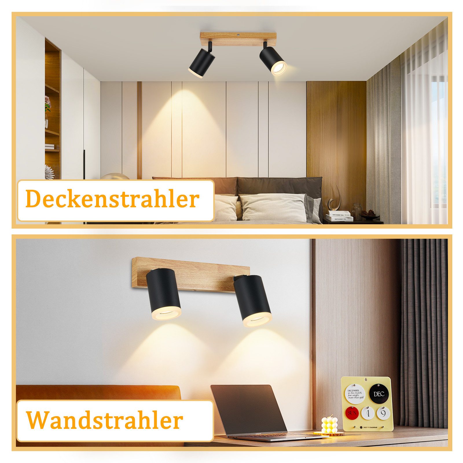 ZMH LED Deckenstrahler 2/3/4 Flammig GU10 Holz-Acryl Deckenleuchte 350° Drehbar Wohnzimmer, Einfache Installation, ohne Leuchtmittel, Schwarz